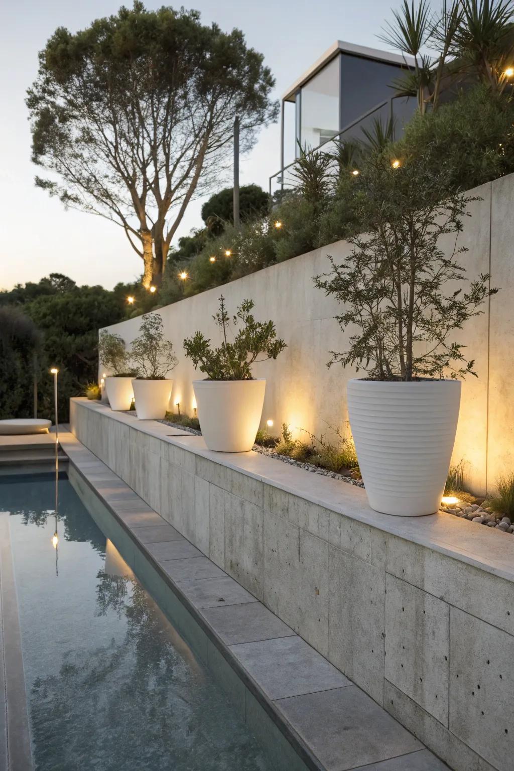 A modern concrete retaining wall enhanced by minimalist design.