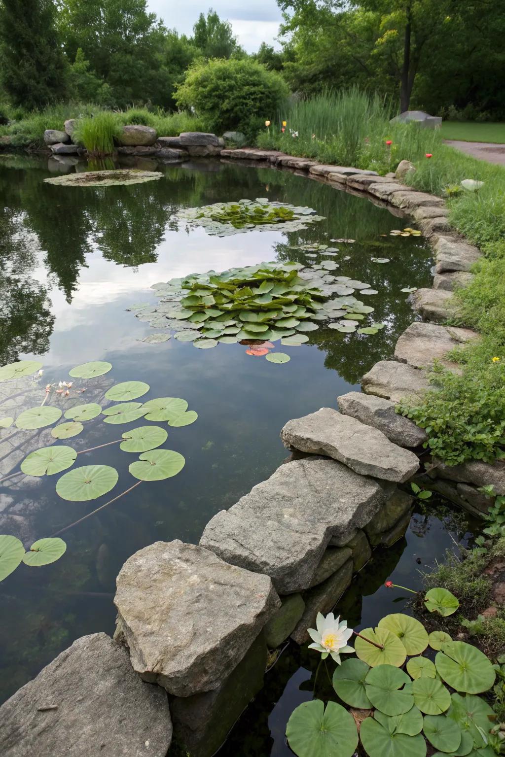 A tranquil stone-lined pool featuring water lilies and soft undulations.