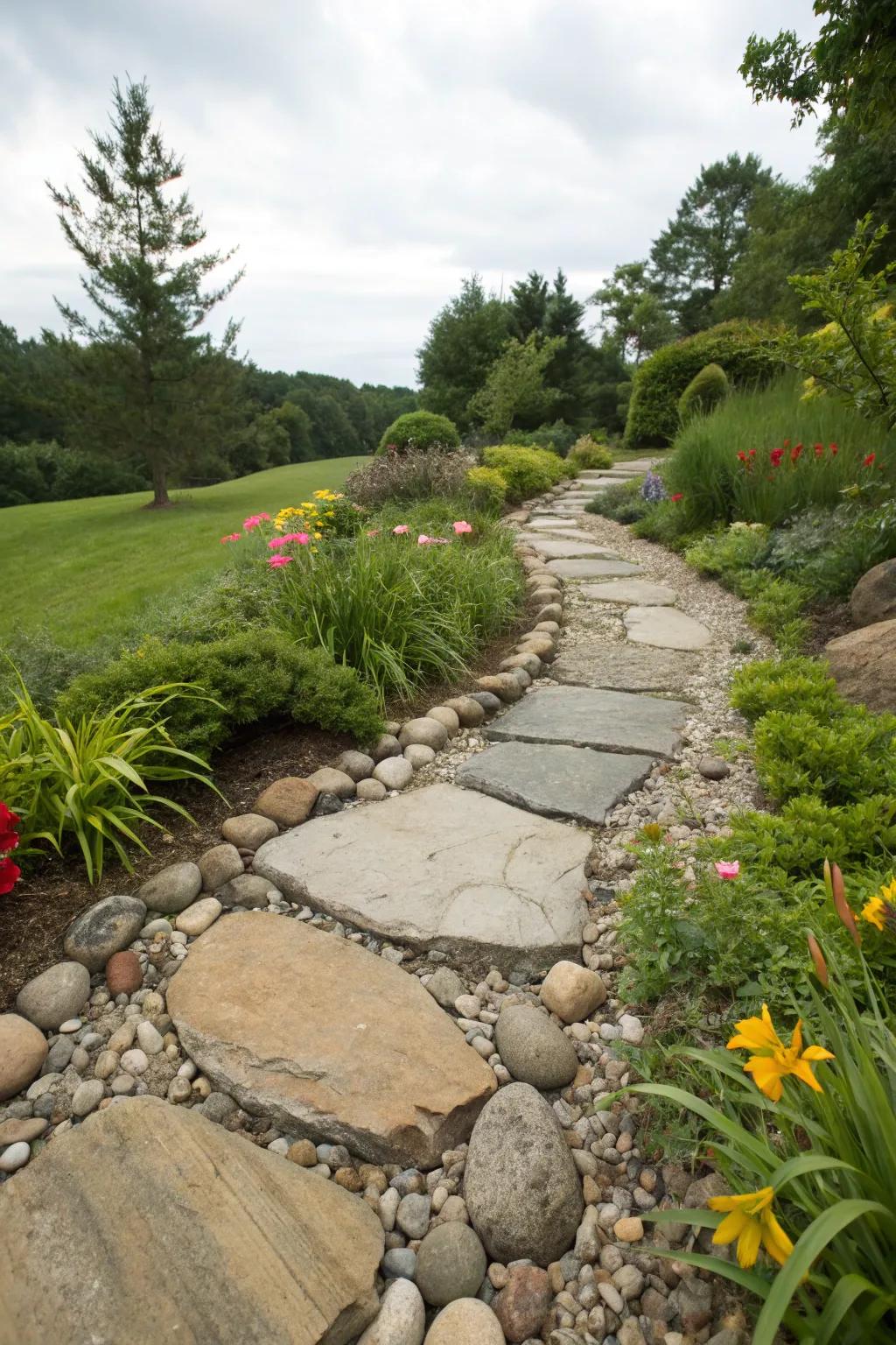 A seamless integration of substantial stones and pebbles enhances the garden's charm.
