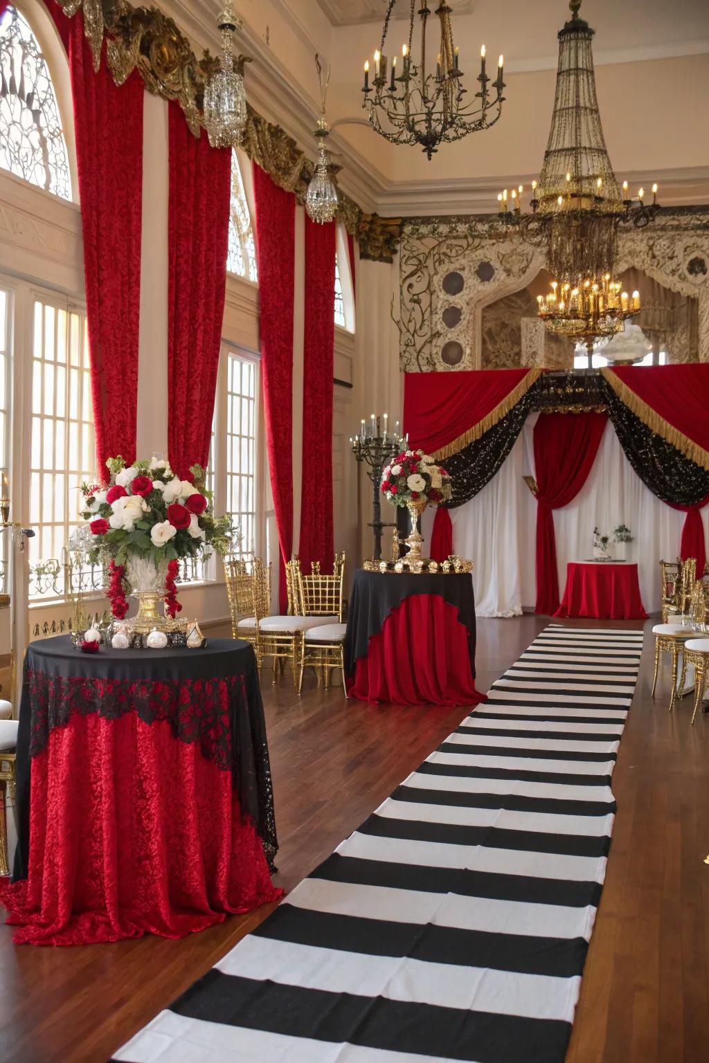 A visually stunning rockabilly wedding venue decorated with striking colors.