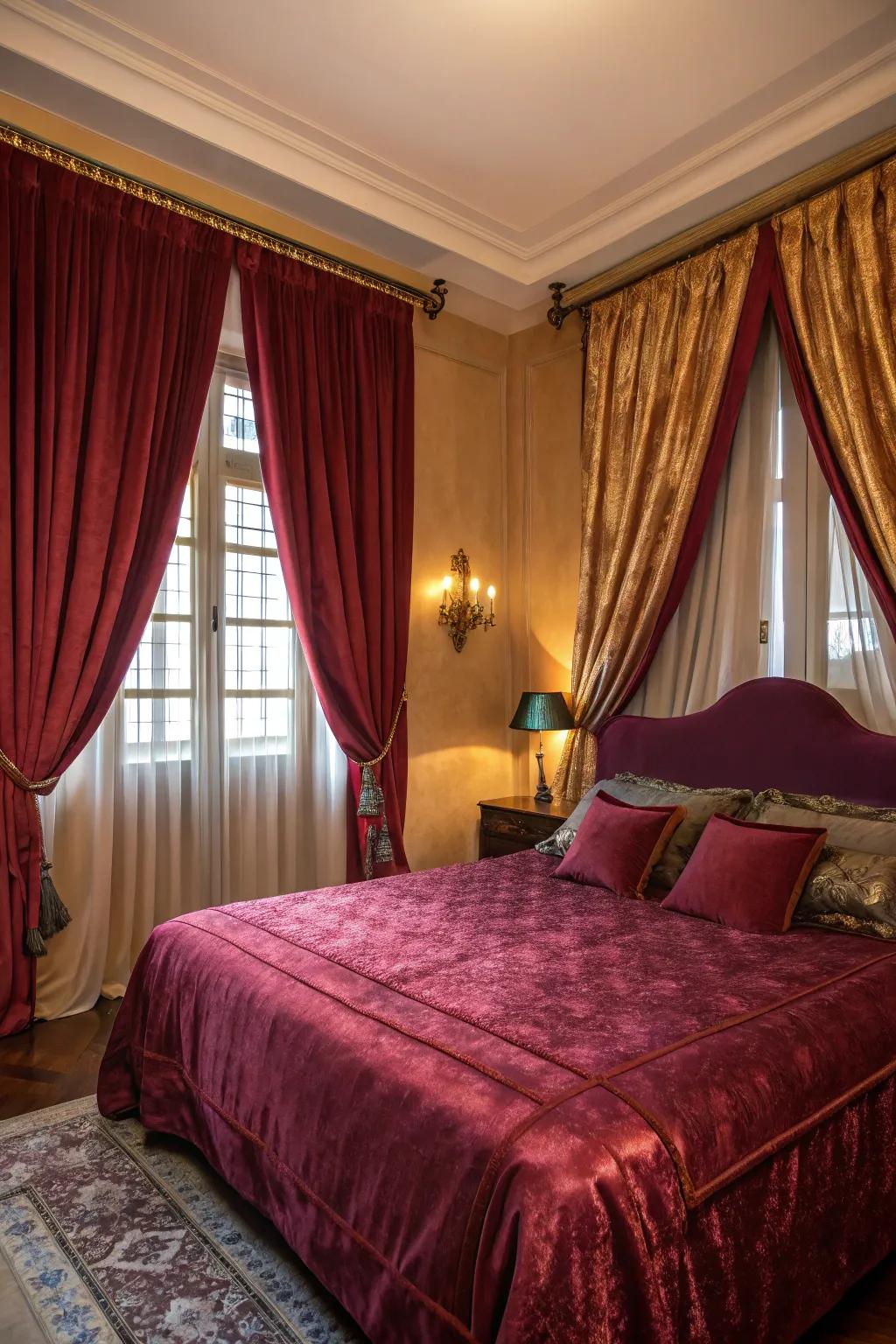 Rich velvet and satin fabrics enhance the extravagant feel of this bedroom.