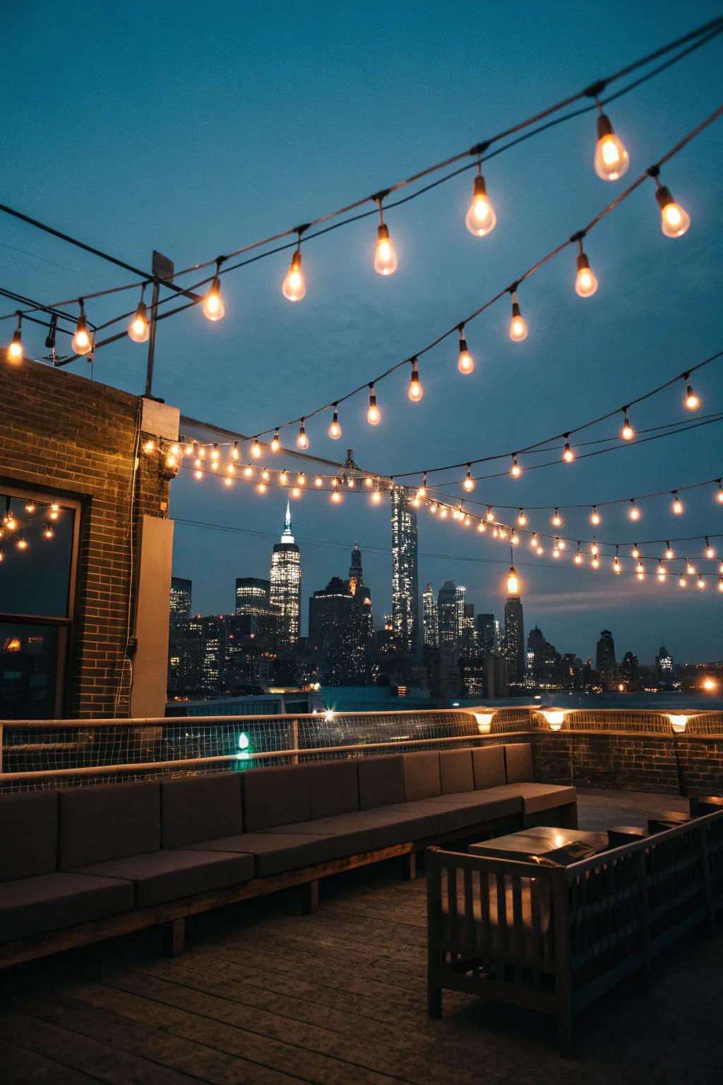 Twinkling fairy lights bring a magical appeal to rooftop nights.