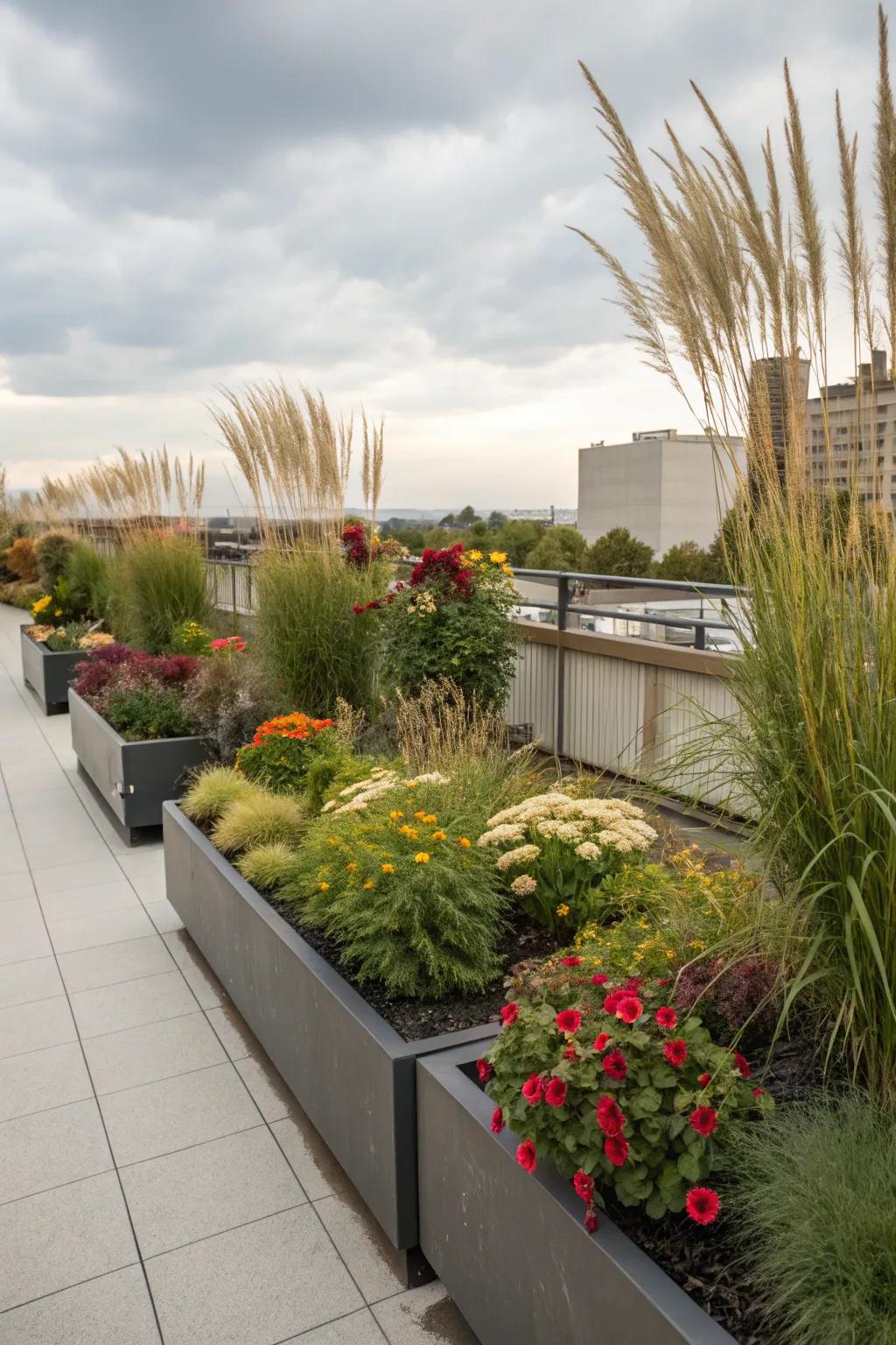Flower beds bring a hint of the outdoors to your urban rooftop.