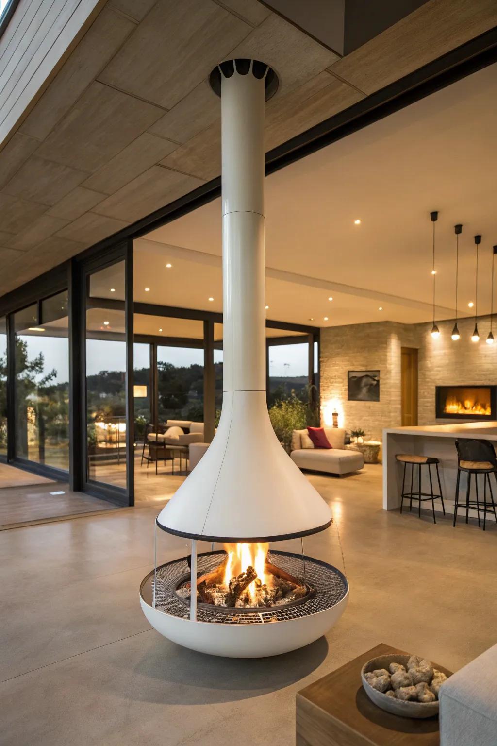 An elevated fireplace provides warmth and an unobstructed view in an open-plan living area.