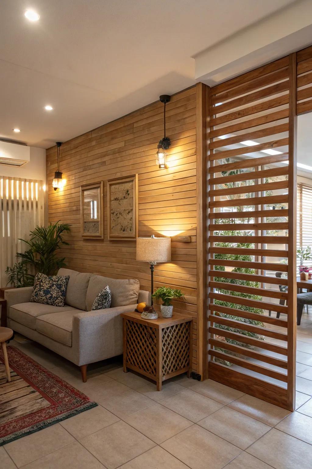 A welcoming living area featuring a timber accent partition wall, inviting natural light indoors.