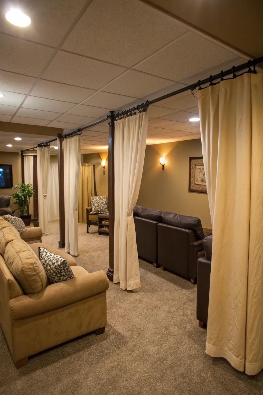 Drapes offer a versatile and fashionable method for splitting up basement areas.