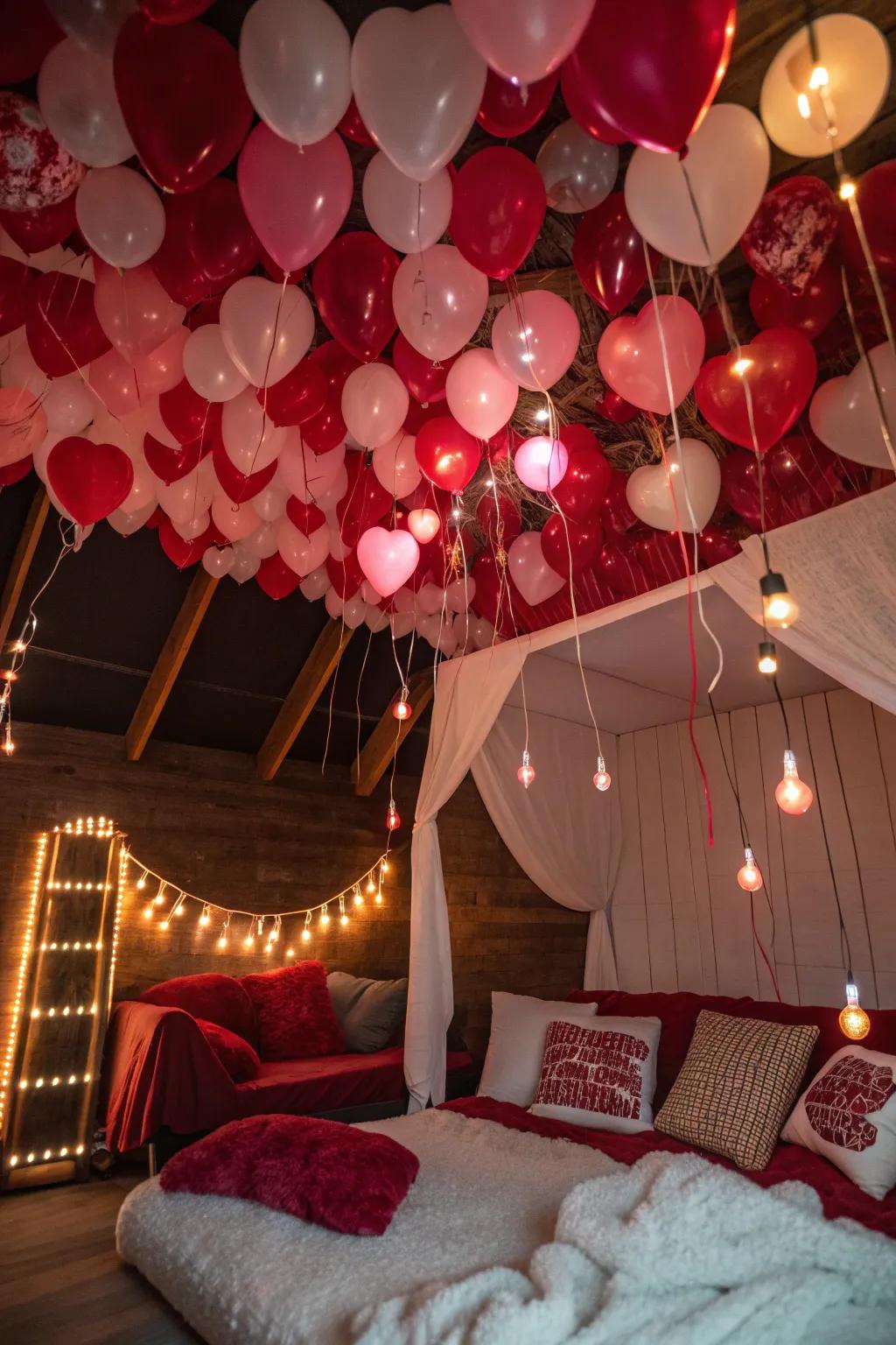 Amplify your decor by allowing a stream of Valentine's balloons to cascade across your ceiling. #BalloonDecor #RomanticVibes #ValentinesDay