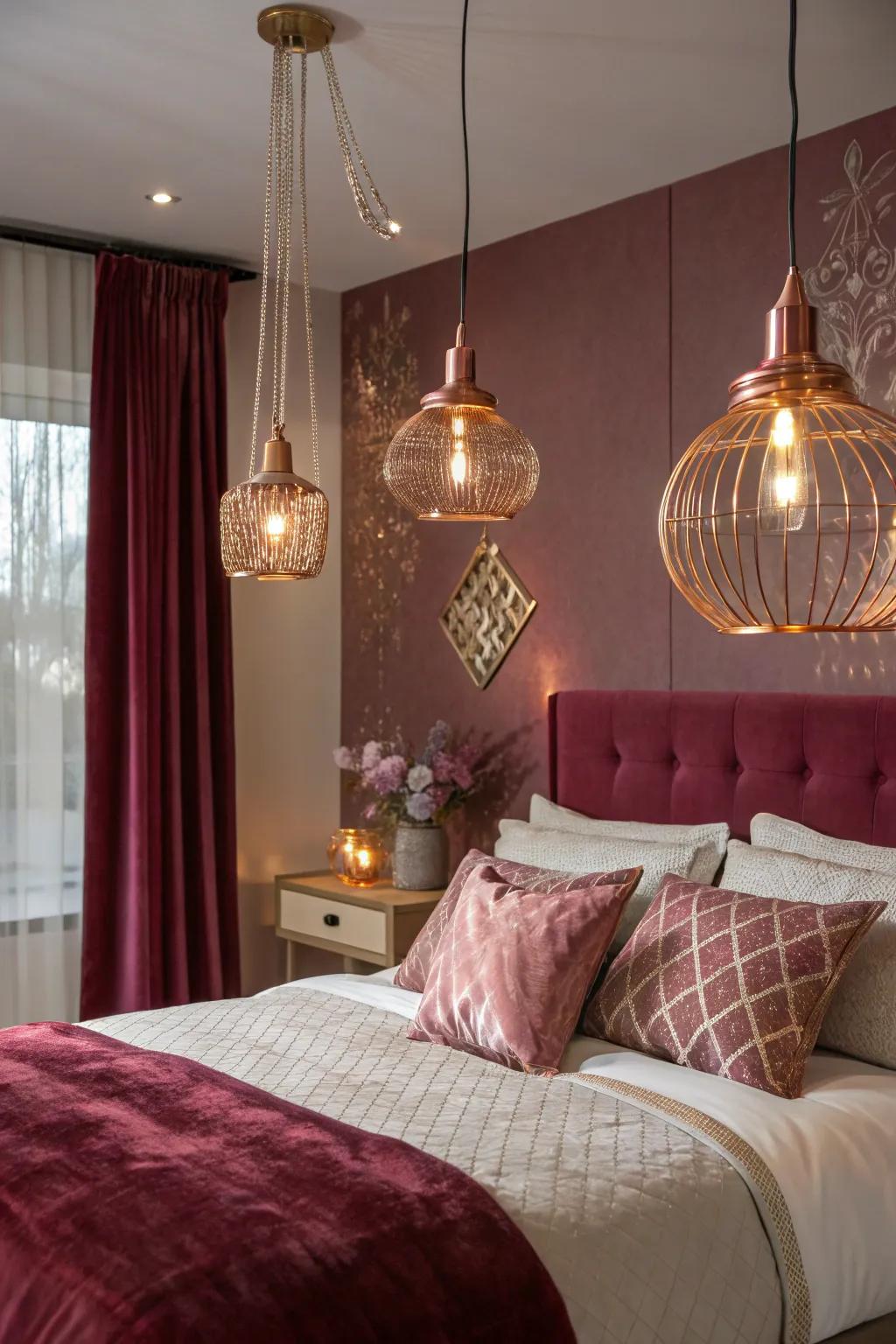 Gleaming gold lights enrich the bedroom with both elegance and warmth.