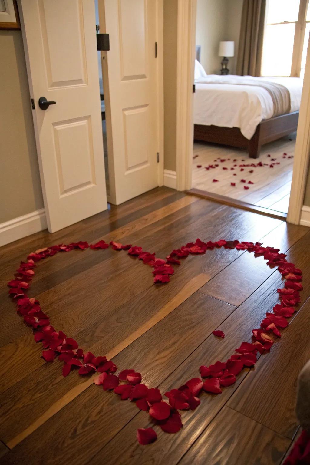 A heart shape made of bloom bits at the entrance to the bedroom.