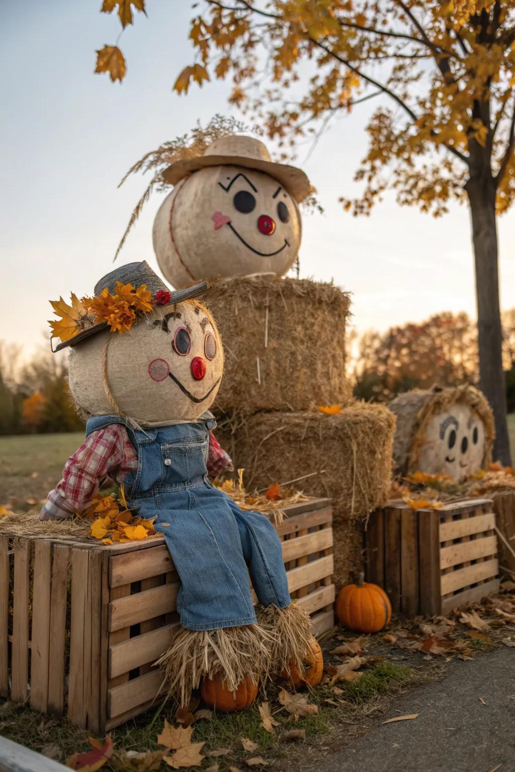Extend a warm greeting to fall with endearing scarecrow hay bales, bringing merriment and seasonal joy to your outdoor settings.