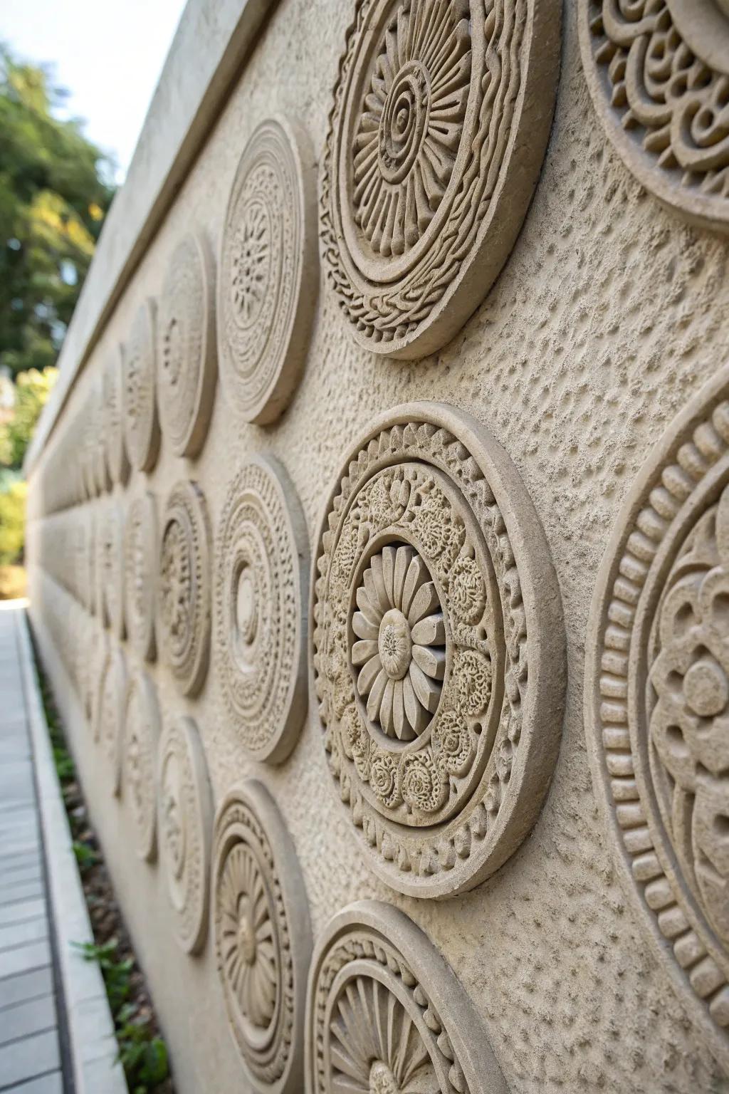 Textured circular decor items adding richness and visual appeal to a wall.