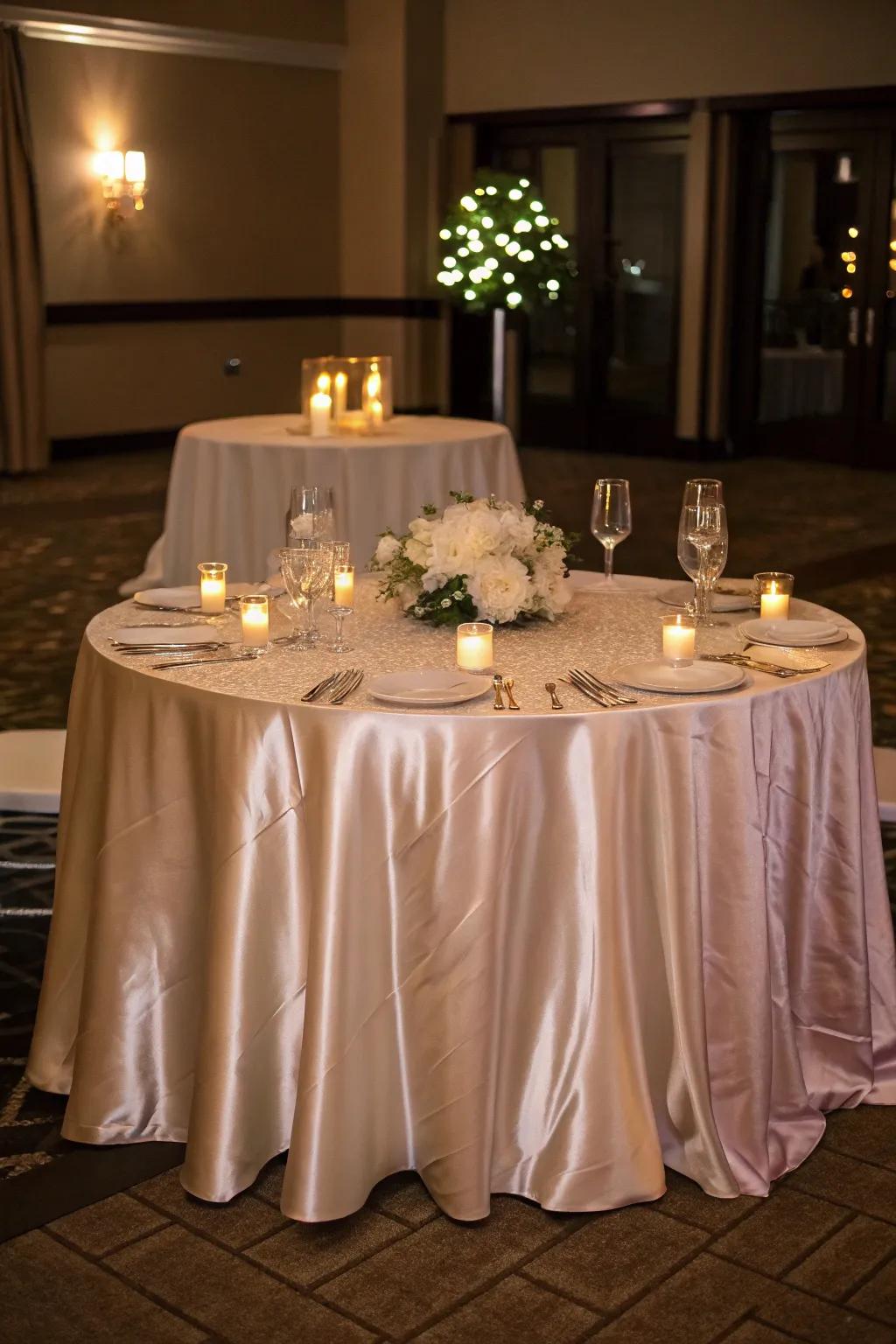 Gleaming silken tablecloth creating an atmosphere of refined elegance.