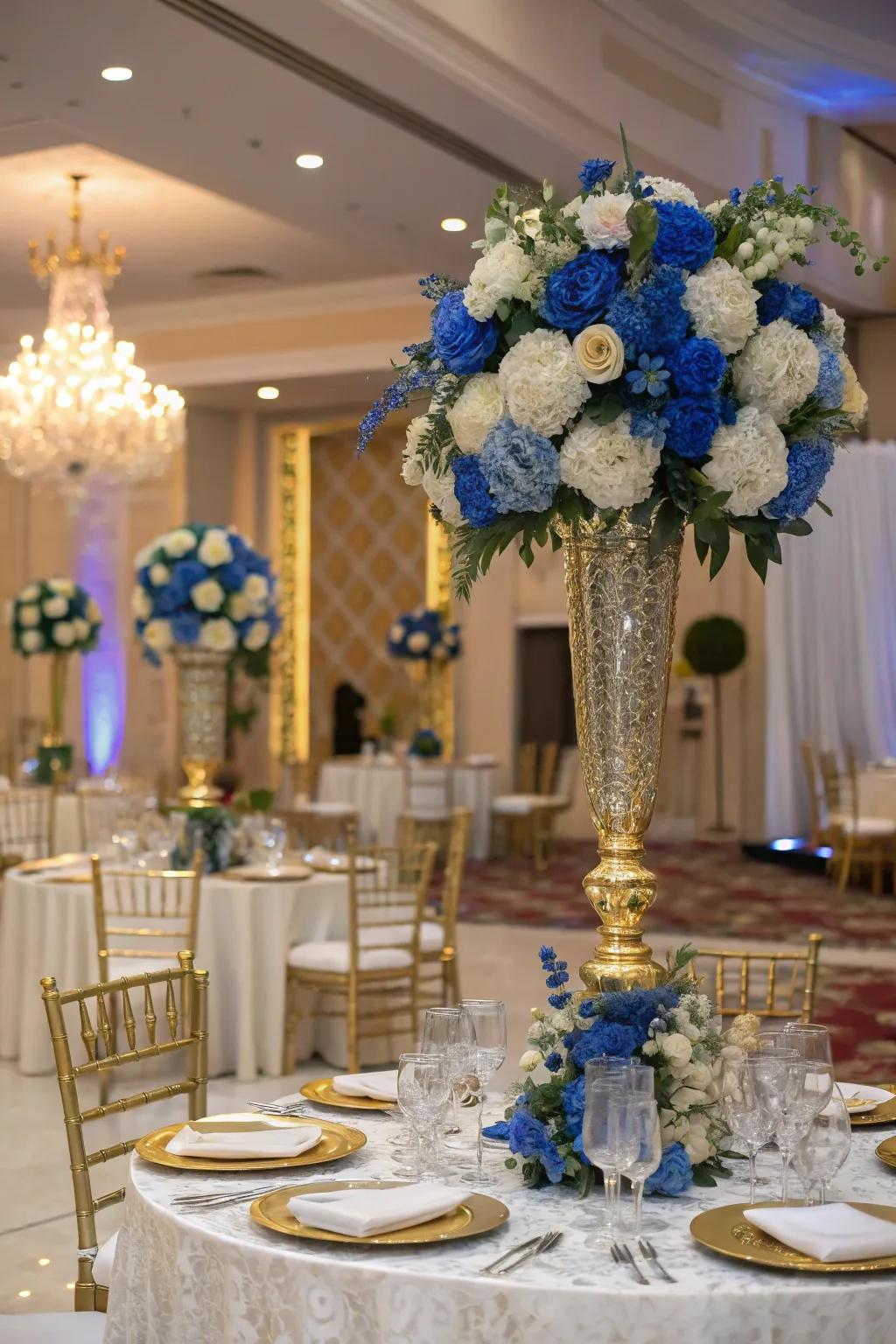 A sophisticated combination of royal blue, gold, and silver.