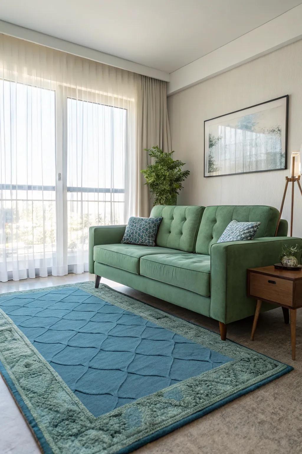 Chilly cerulean fashion a vibrant differentiation with a verdant settee.