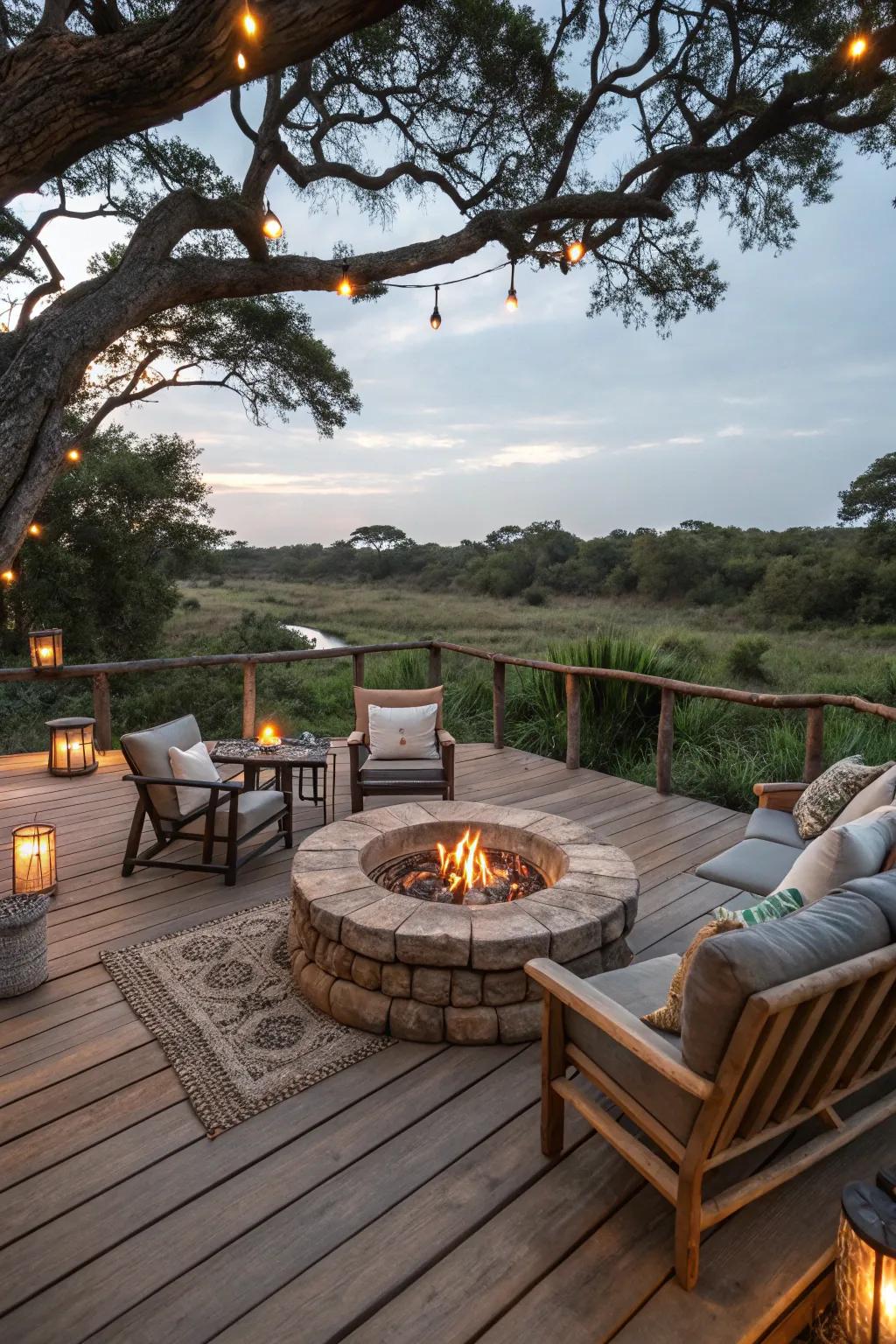 The bonfire station becomes a welcoming center point on this countryside deck.