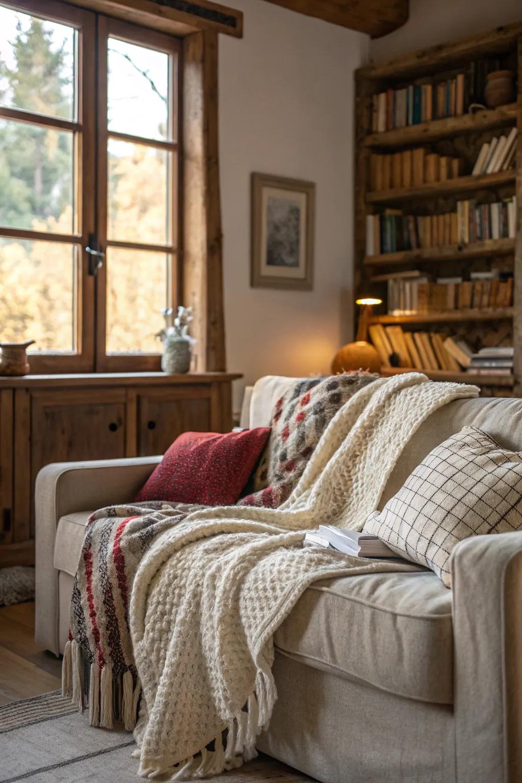 A family room displaying a couch adorned with layers of textured throws.