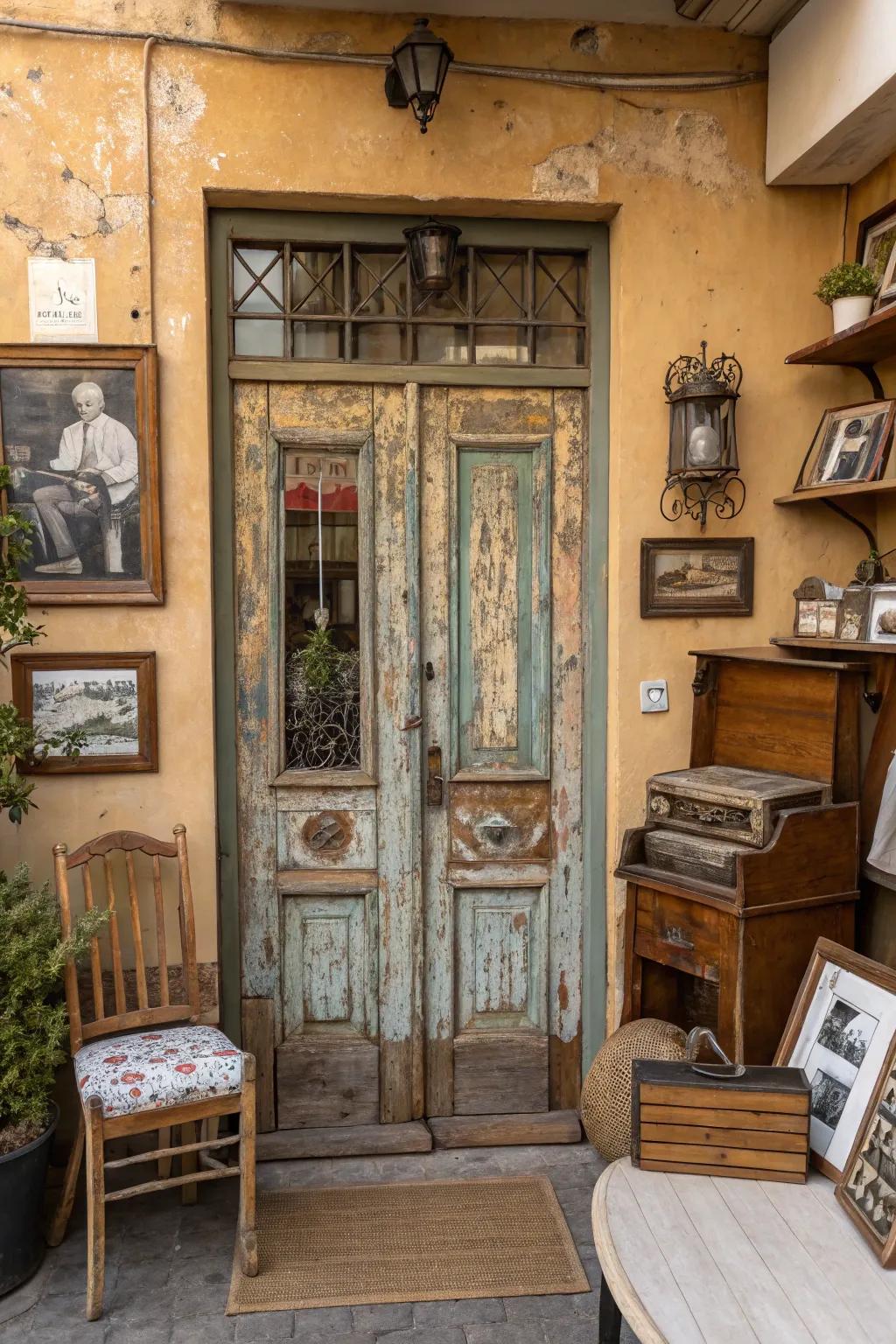 Weathered treatments impart character and charm to rustic doors.