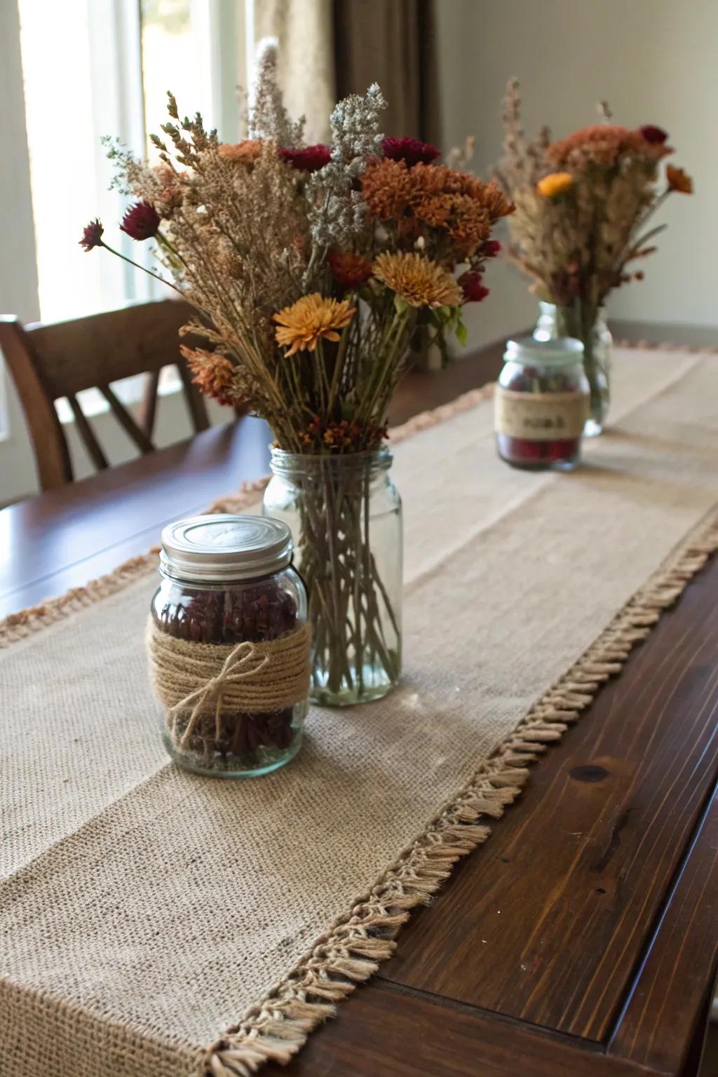 Hessian and preserving jars create a country-chic charm.