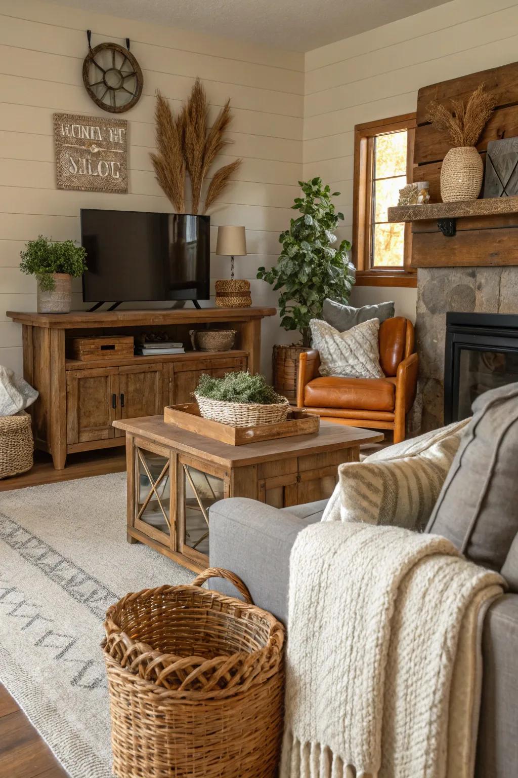 A family space featuring a soothing earthy scheme of browns, creams, and grays.