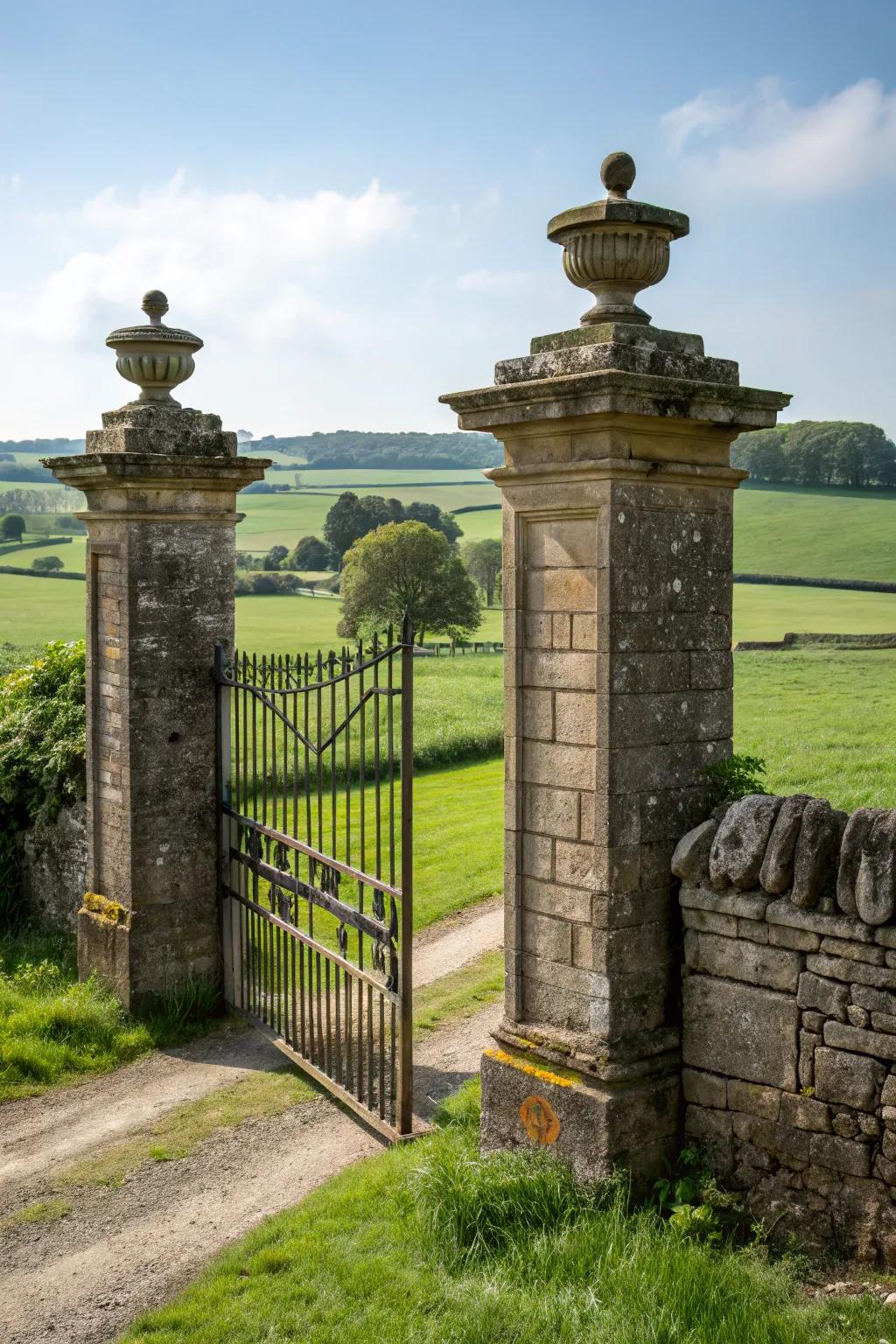 A country portal accentuated by solid stone pillars.