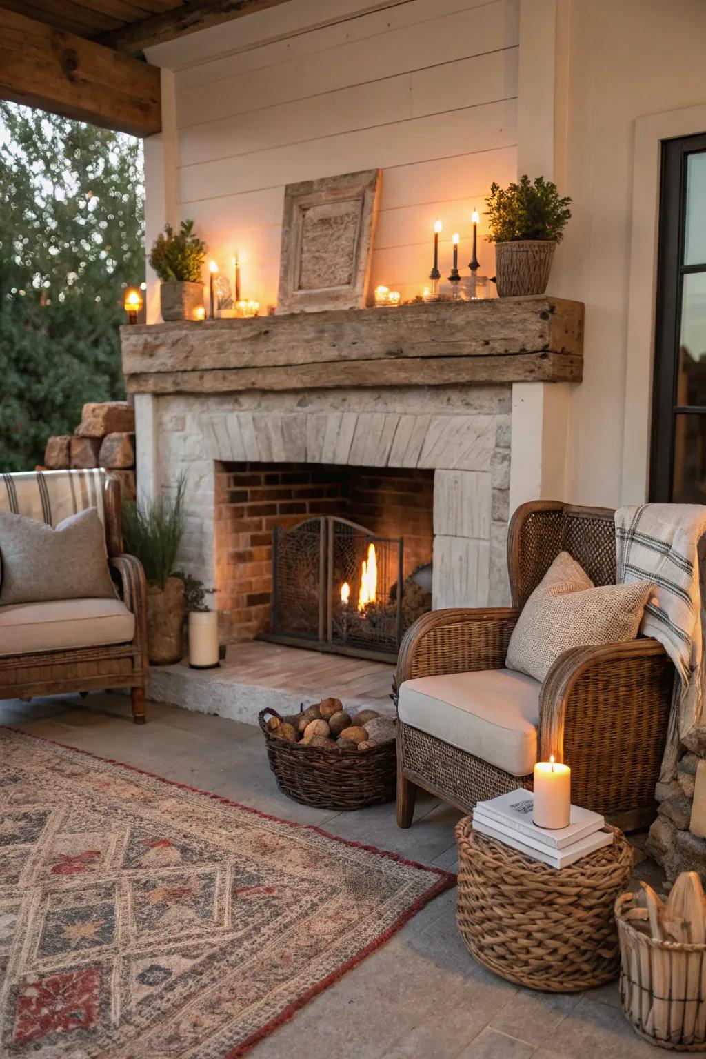 A recycled timber mantel infuses charm and past into this country-style fireplace.