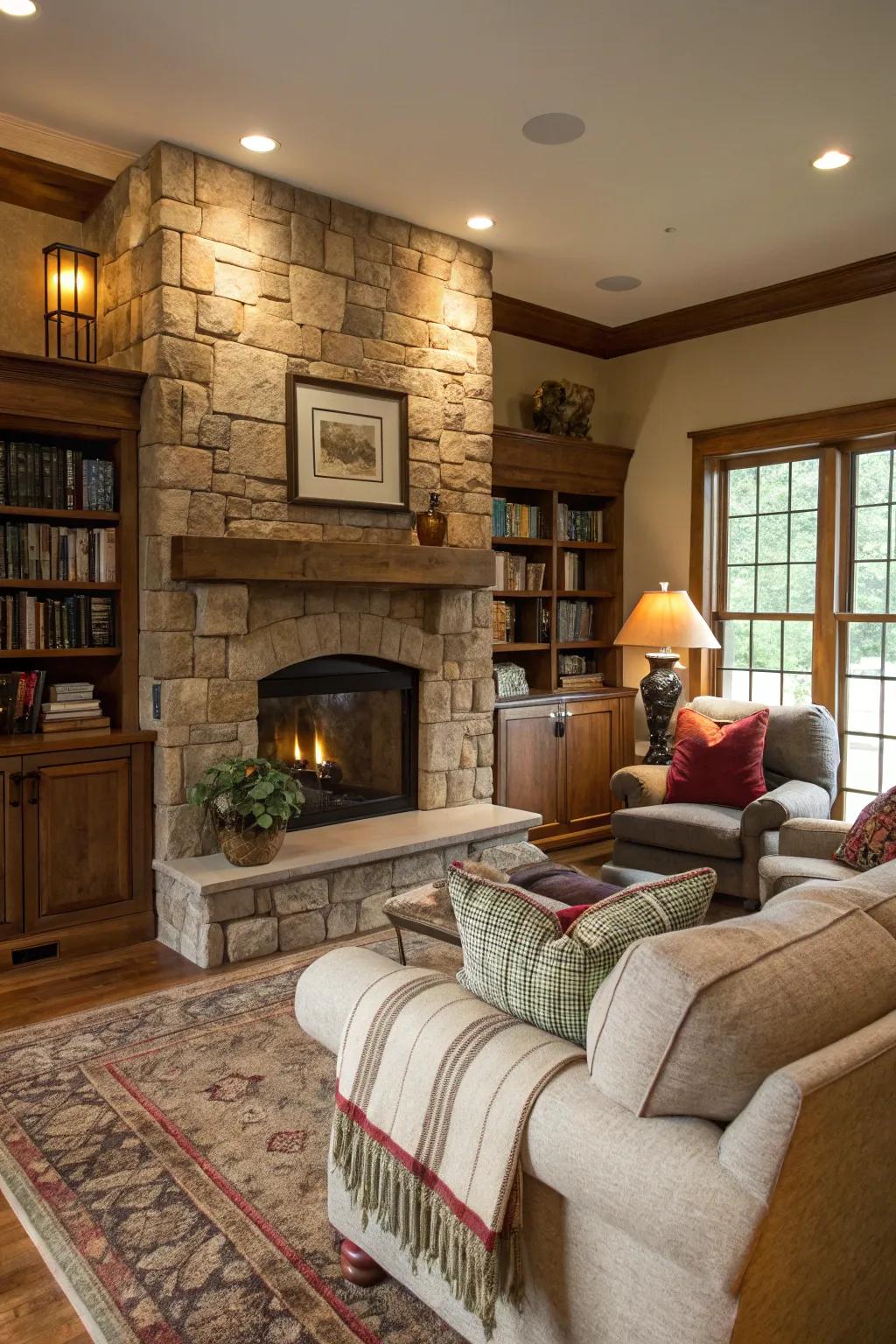 A grand rock hearth making a welcoming atmosphere.