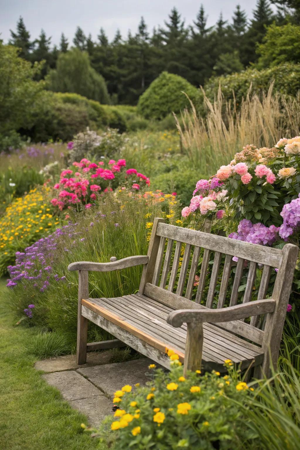 A countryside wooden seat nestled in a lively garden.