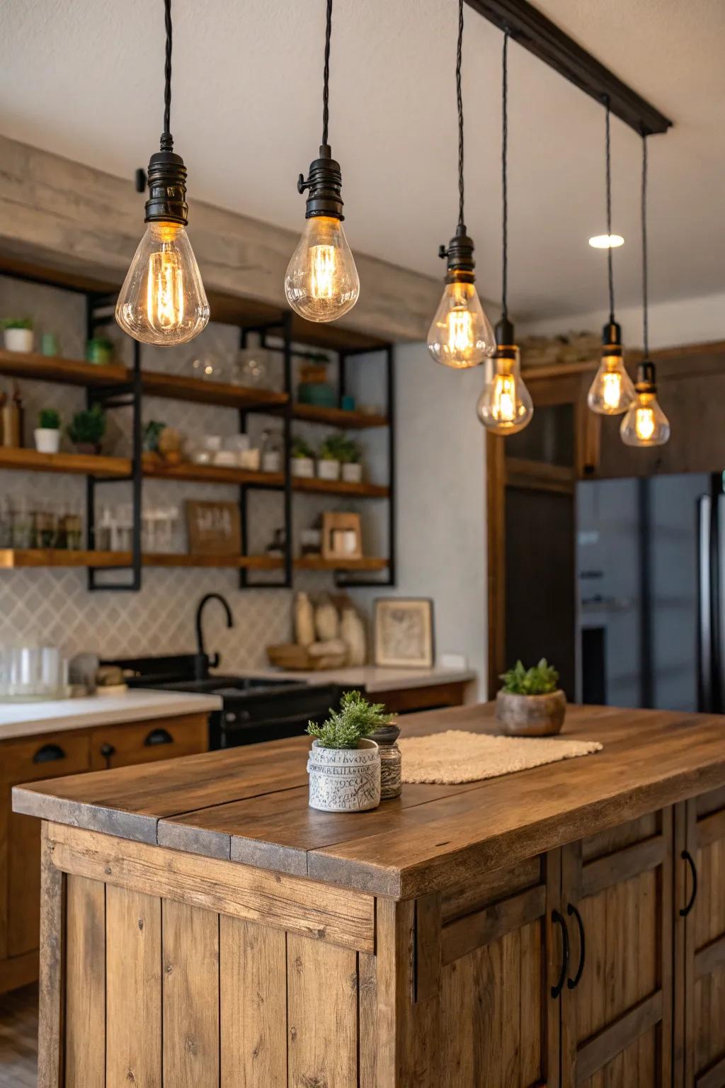 Pendant lights with filament bulbs fashion a toasty and welcoming atmosphere within this cooking space.