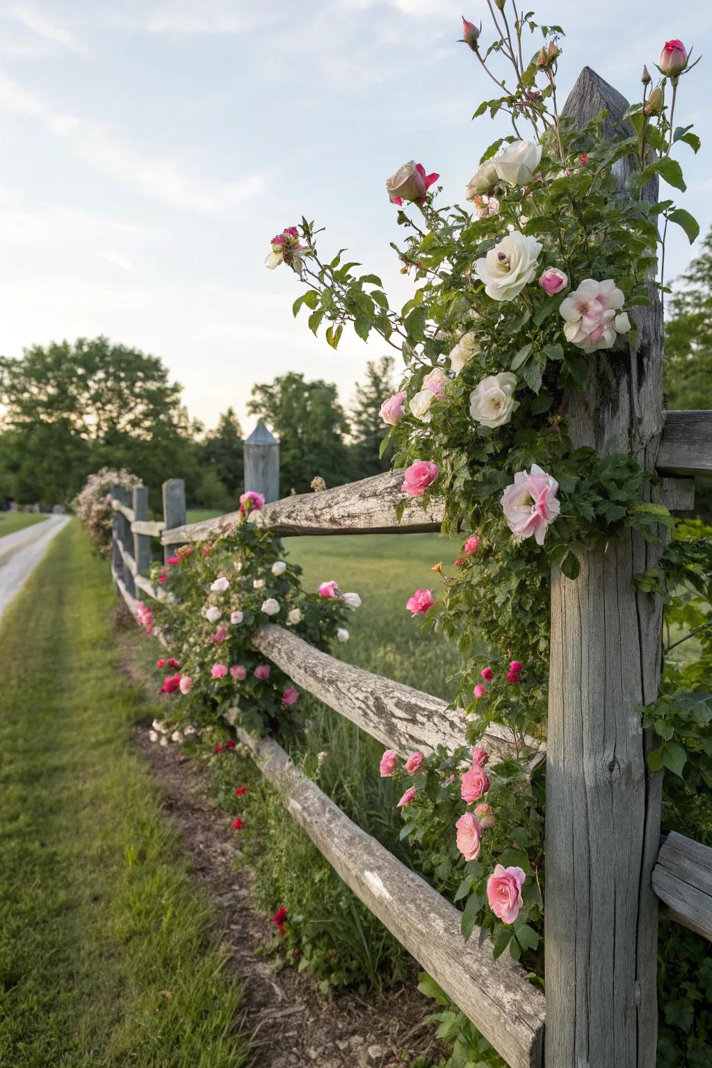 Climbing roses elegantly grace a rustic split rail fence.
