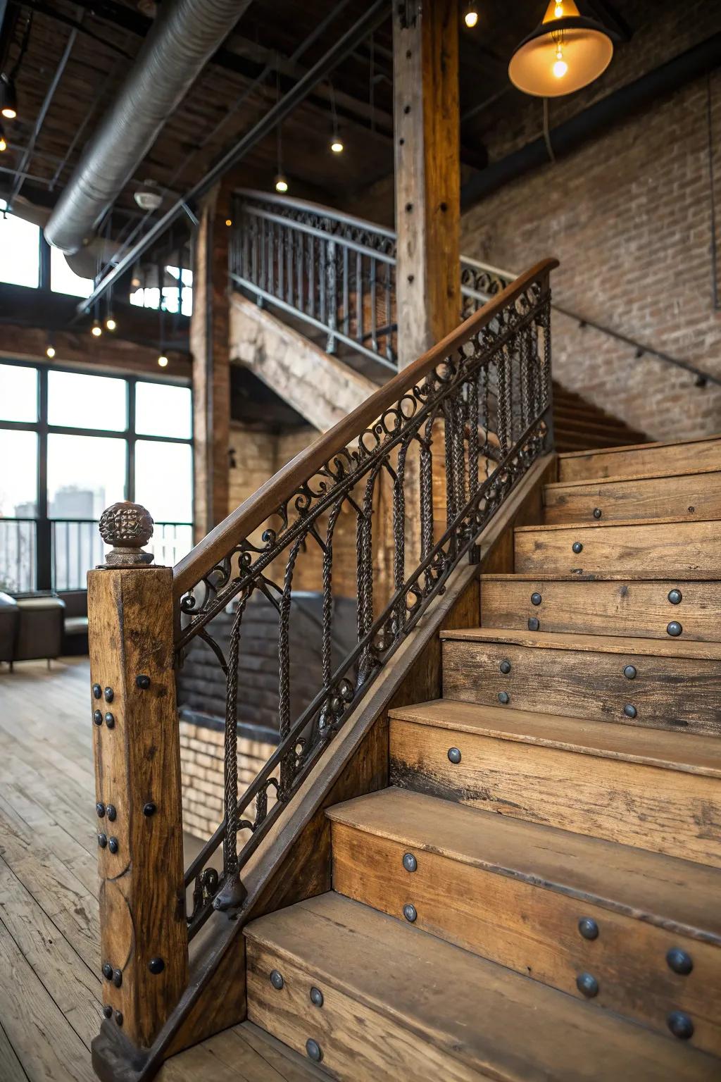A rustic stairway enhanced by graceful forged iron railings.