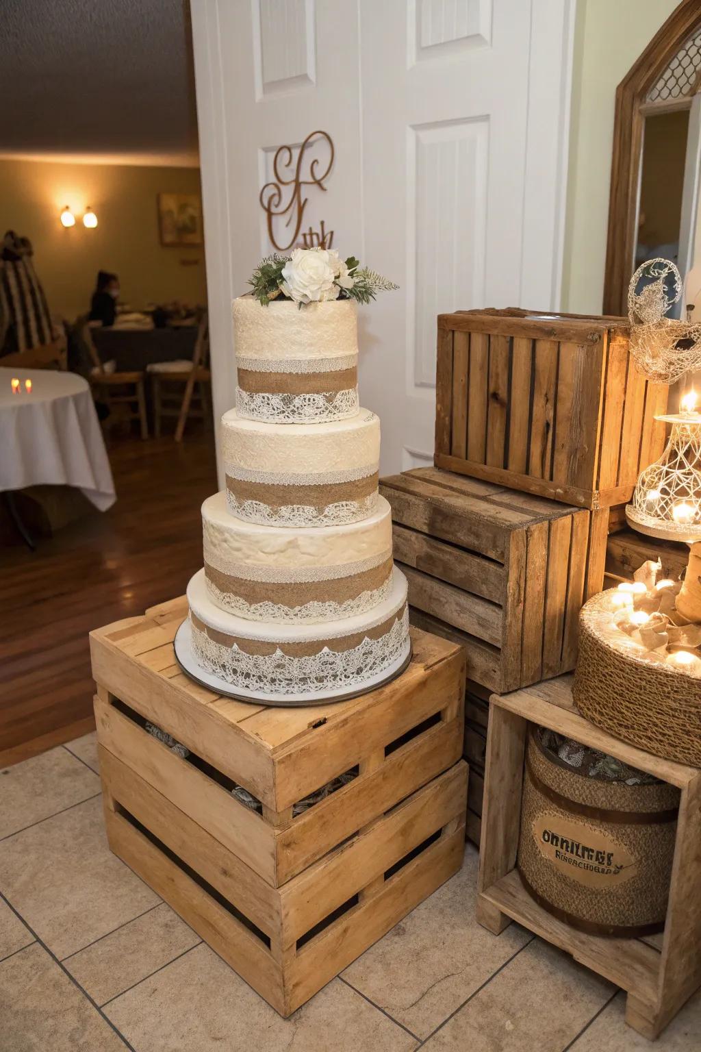 Piled up timber boxes create a charming cake presentation.