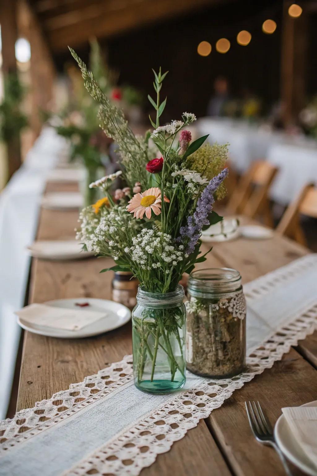 Preserving jar centerpieces adorned with vibrant meadow flowers.