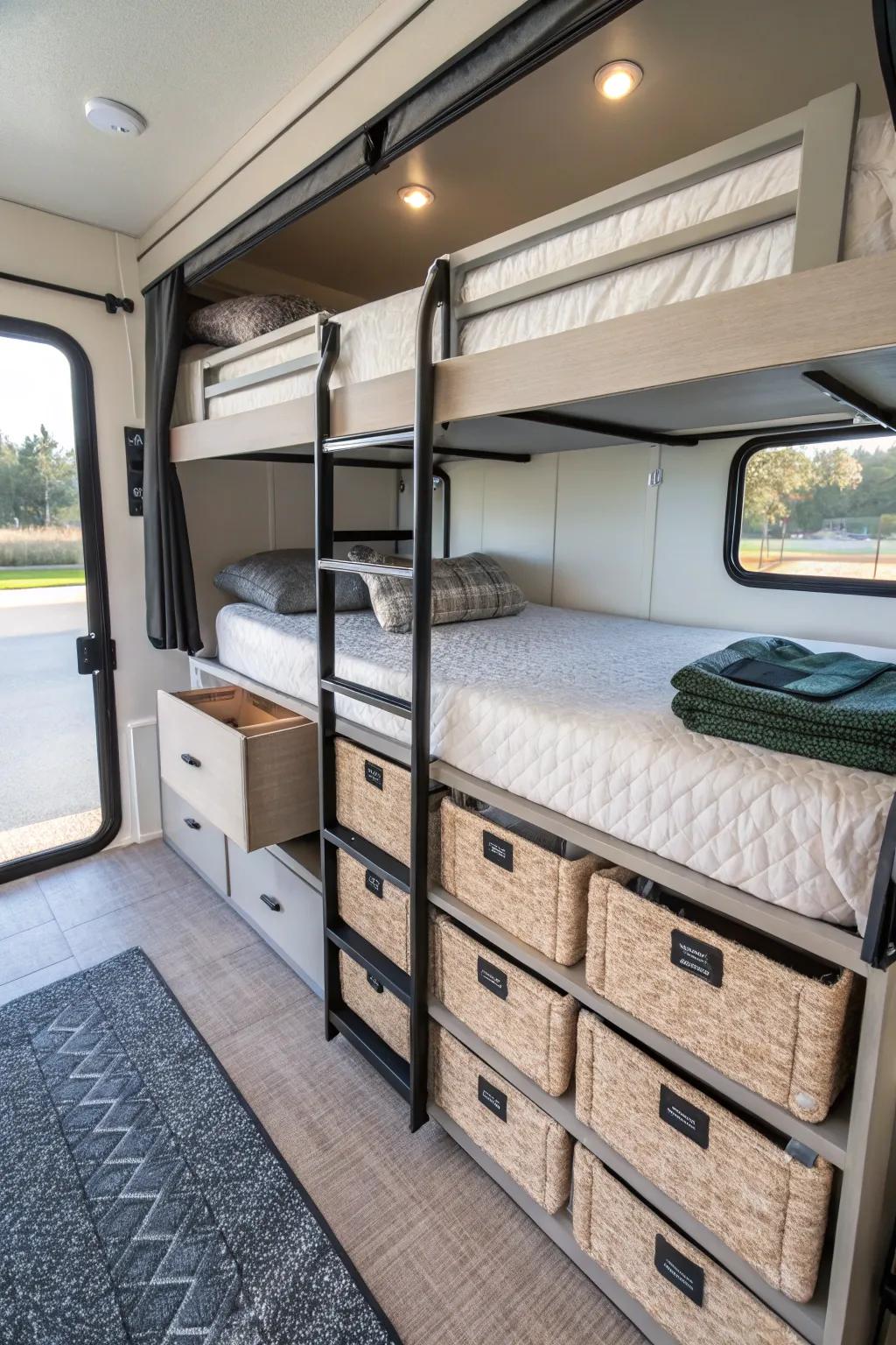 Increase space with integrated organizing solutions under sleeping berths.