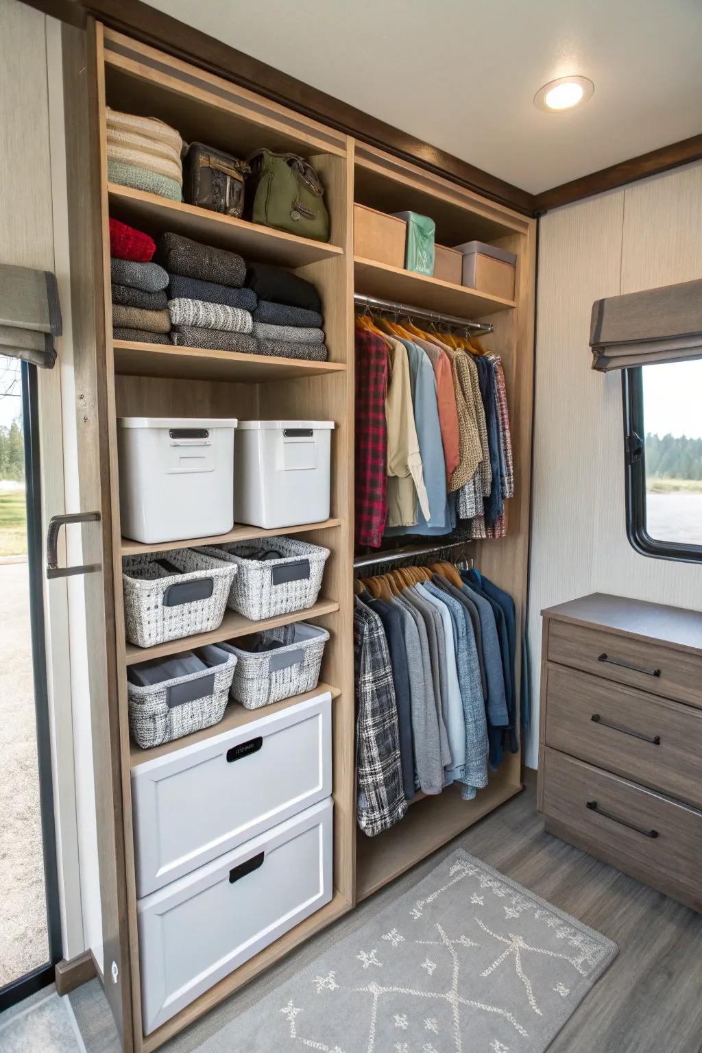Customizable shelves make organizing an RV closet super easy.