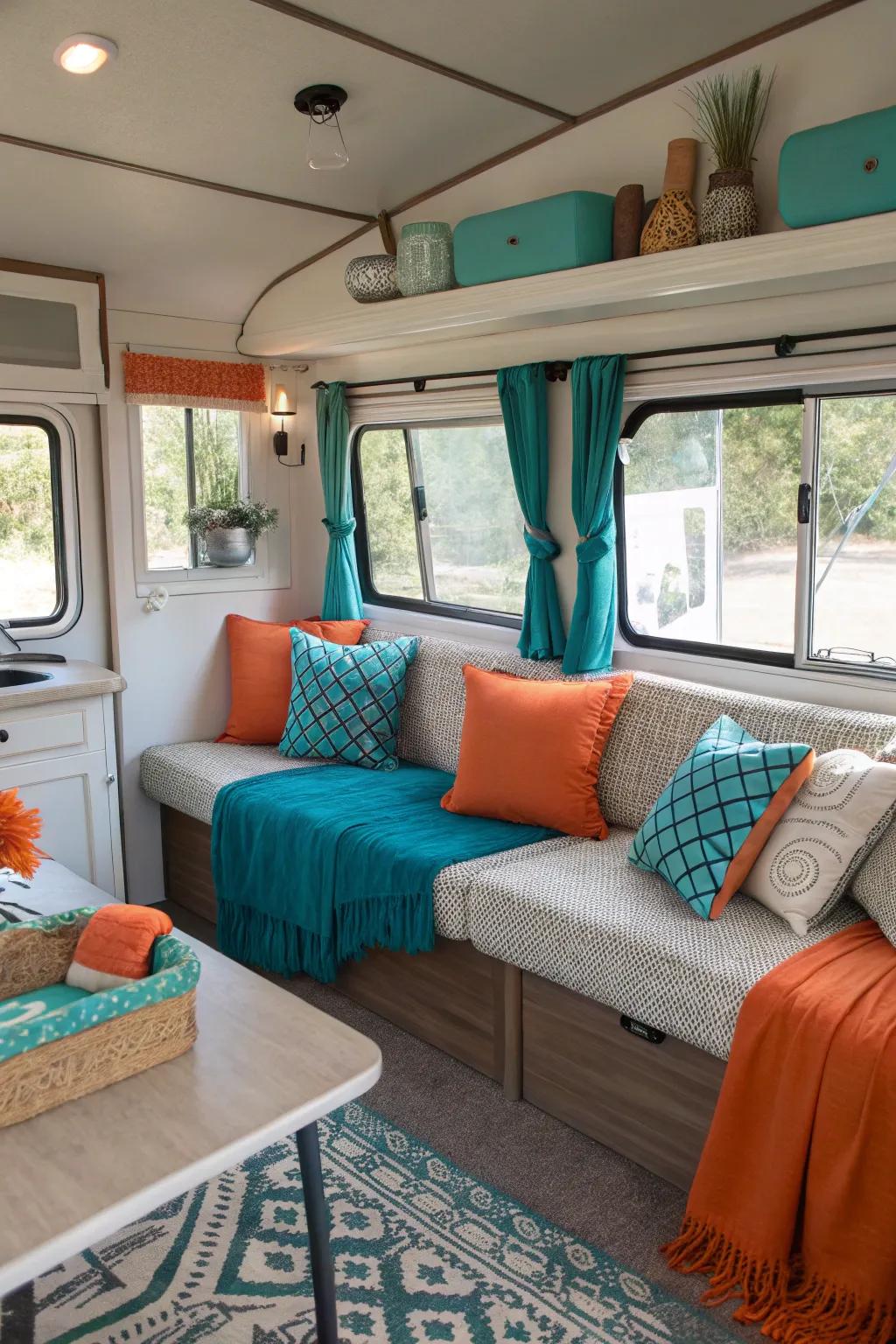 Audacious azure and tangerine embellishments breathe vitality into this RV's residing zone.