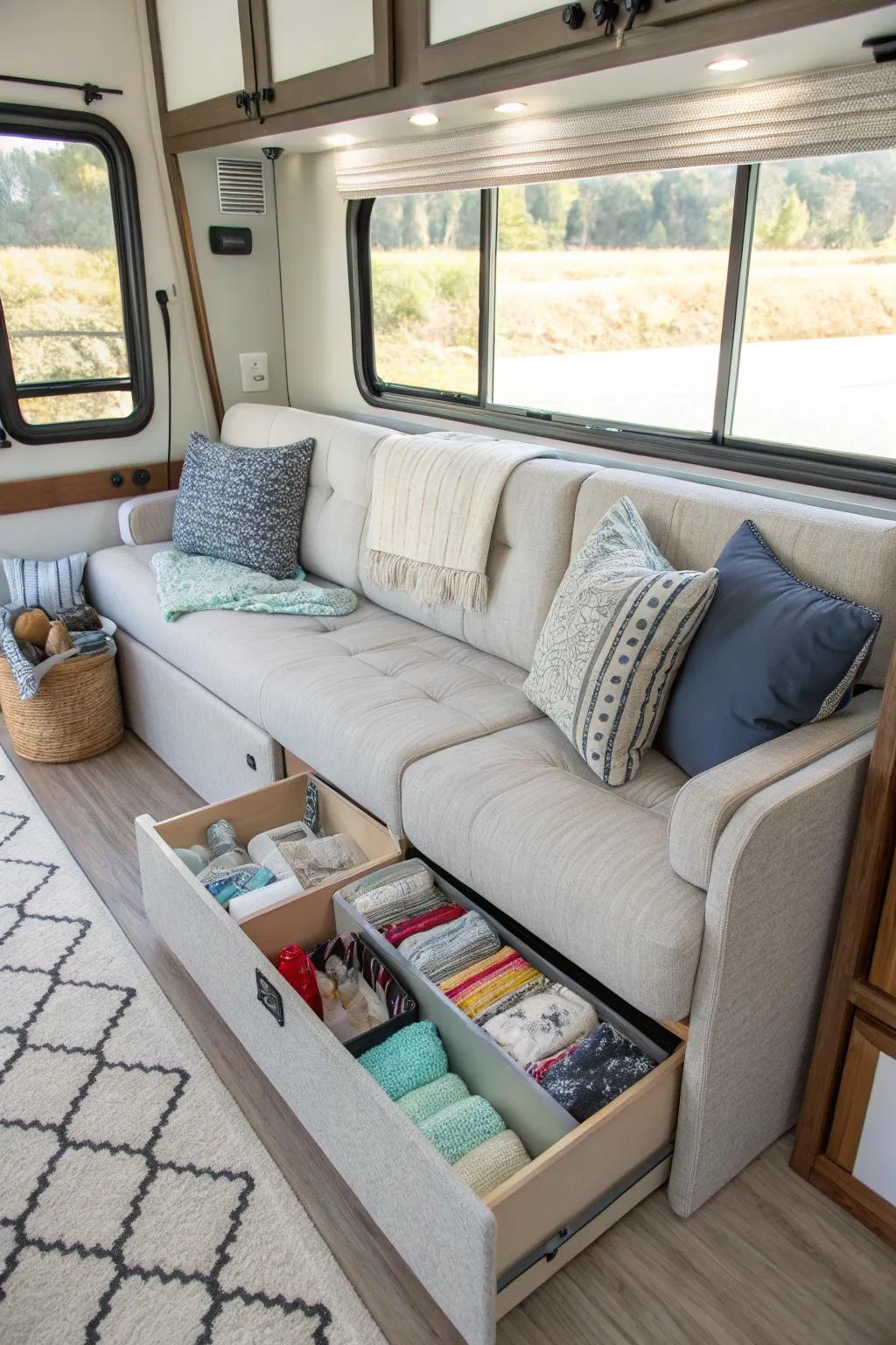 Couches with built-in storage are ideal for keeping things tidy in your RV.