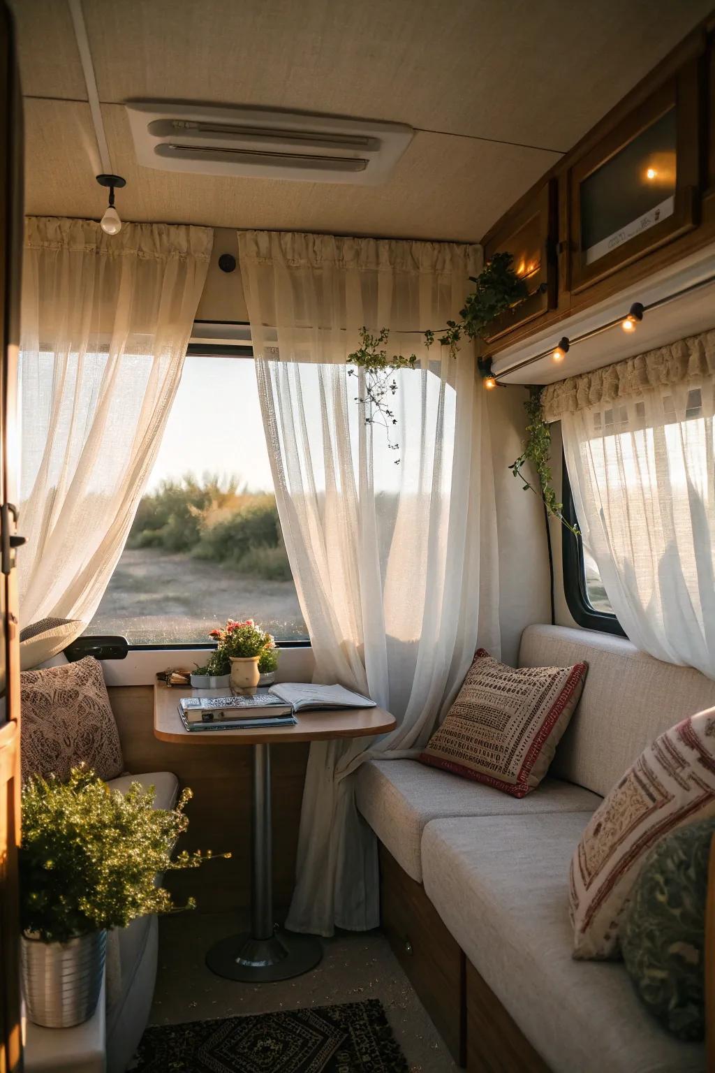 Fill your RV with soft light using sheer curtains.