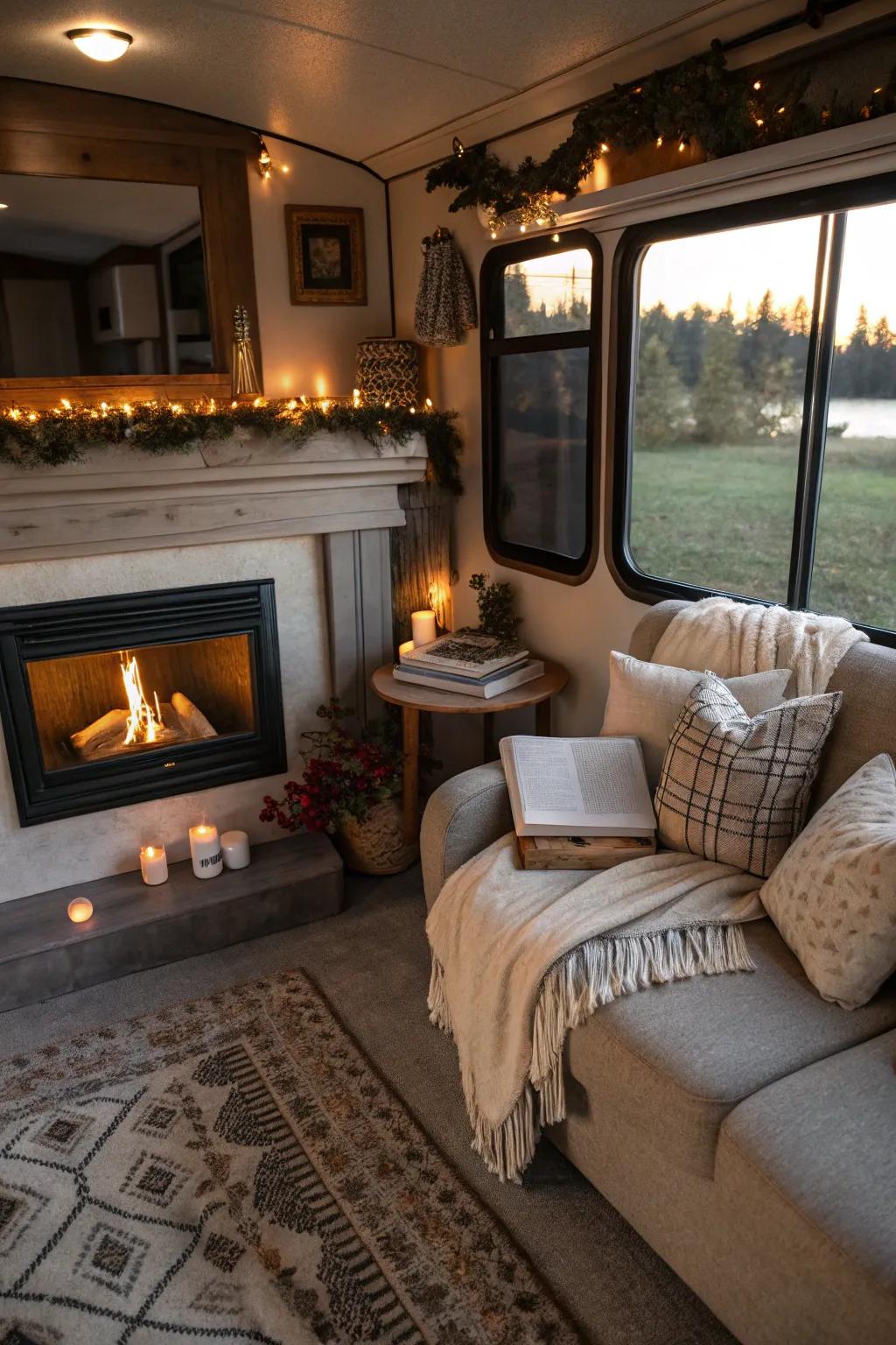 Make use of corner areas with a refined hearth design.
