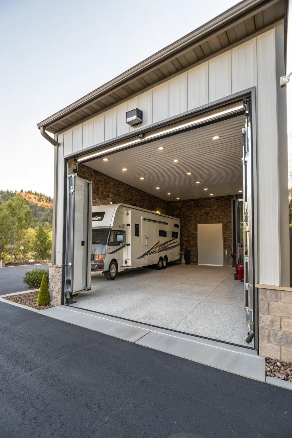 RV garage featuring a continuous access route for enhanced ease and access.