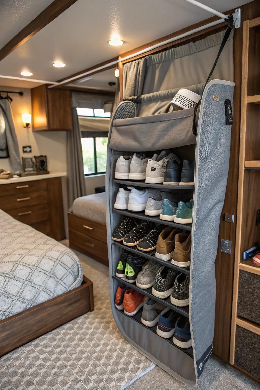 Take advantage of the space under your bed with a clever shoe rack solution.