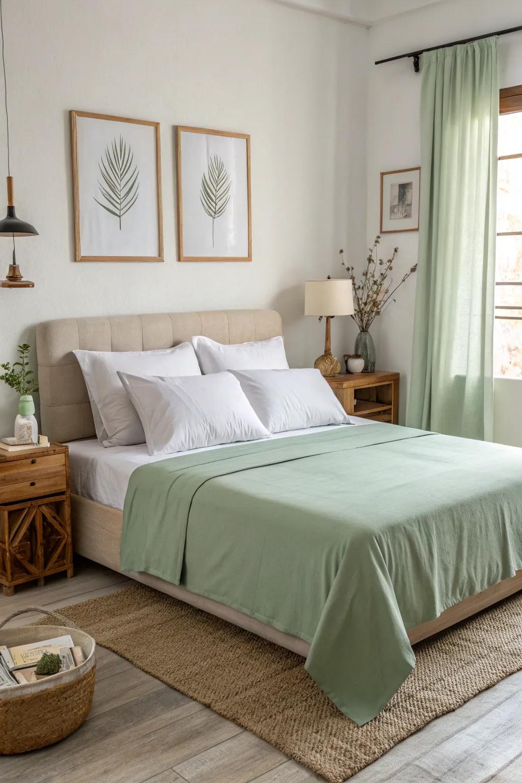 Sage green bedding brings a hint of nature and calmness to any bedroom setting.