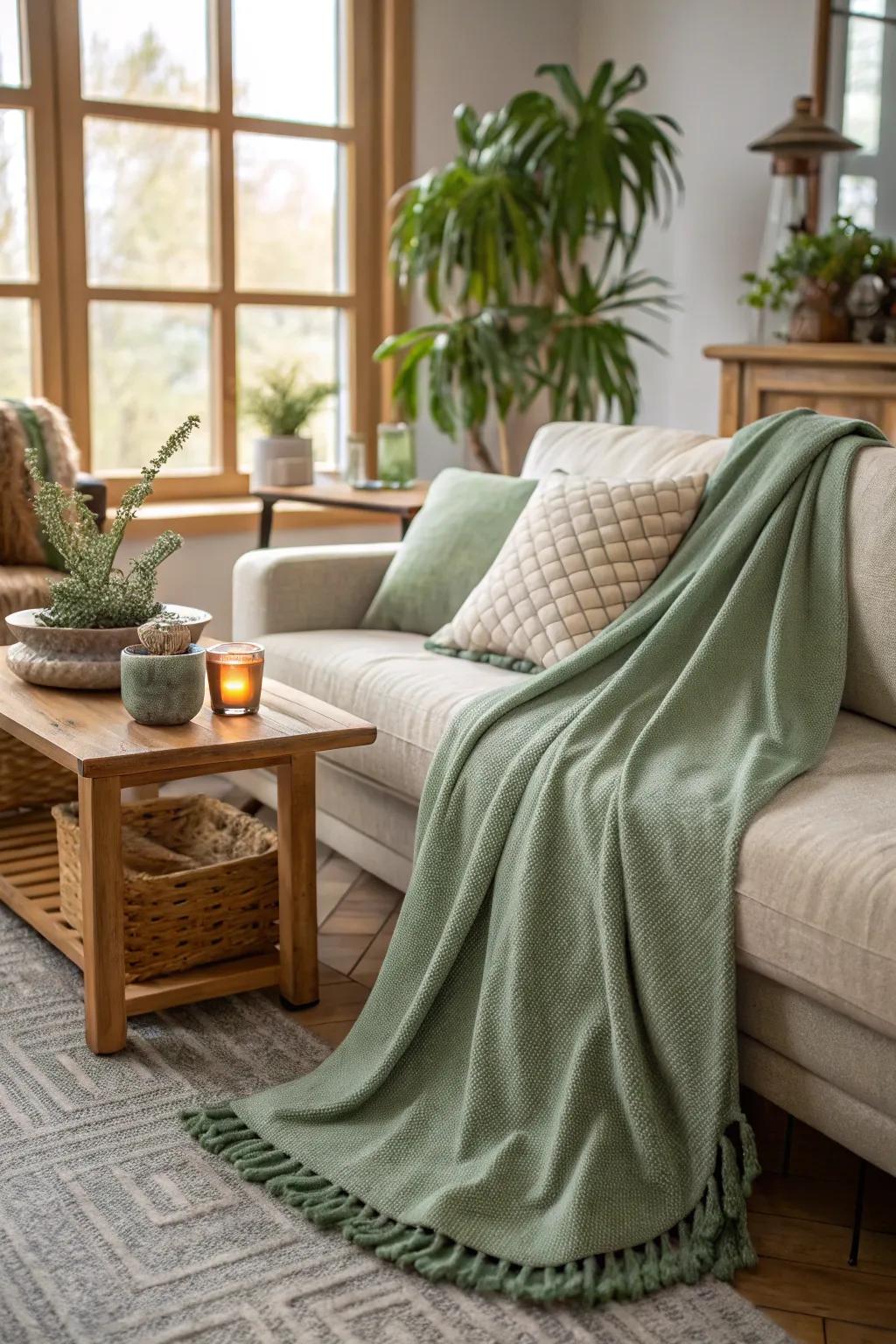 A plush sage green throw brings both warmth and style into your home.