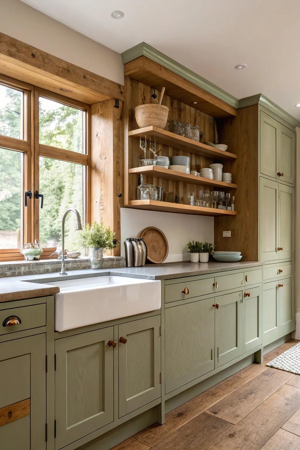 Timber ledges complementing verdant cabinetry.