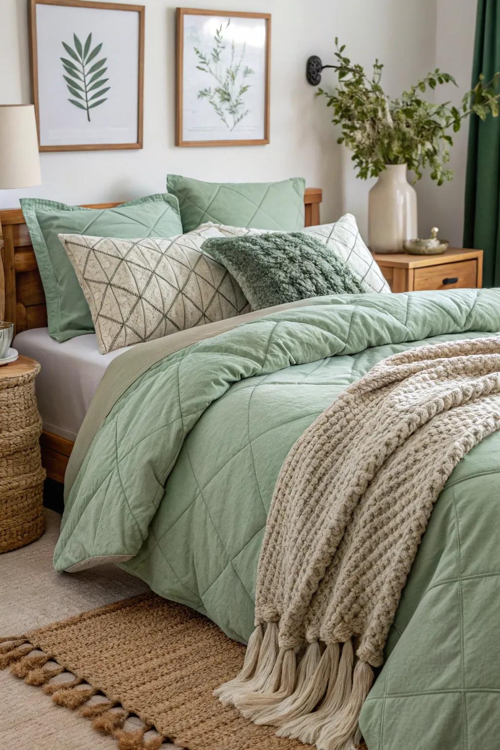 A welcoming bed adorned with layers of sage green linens.