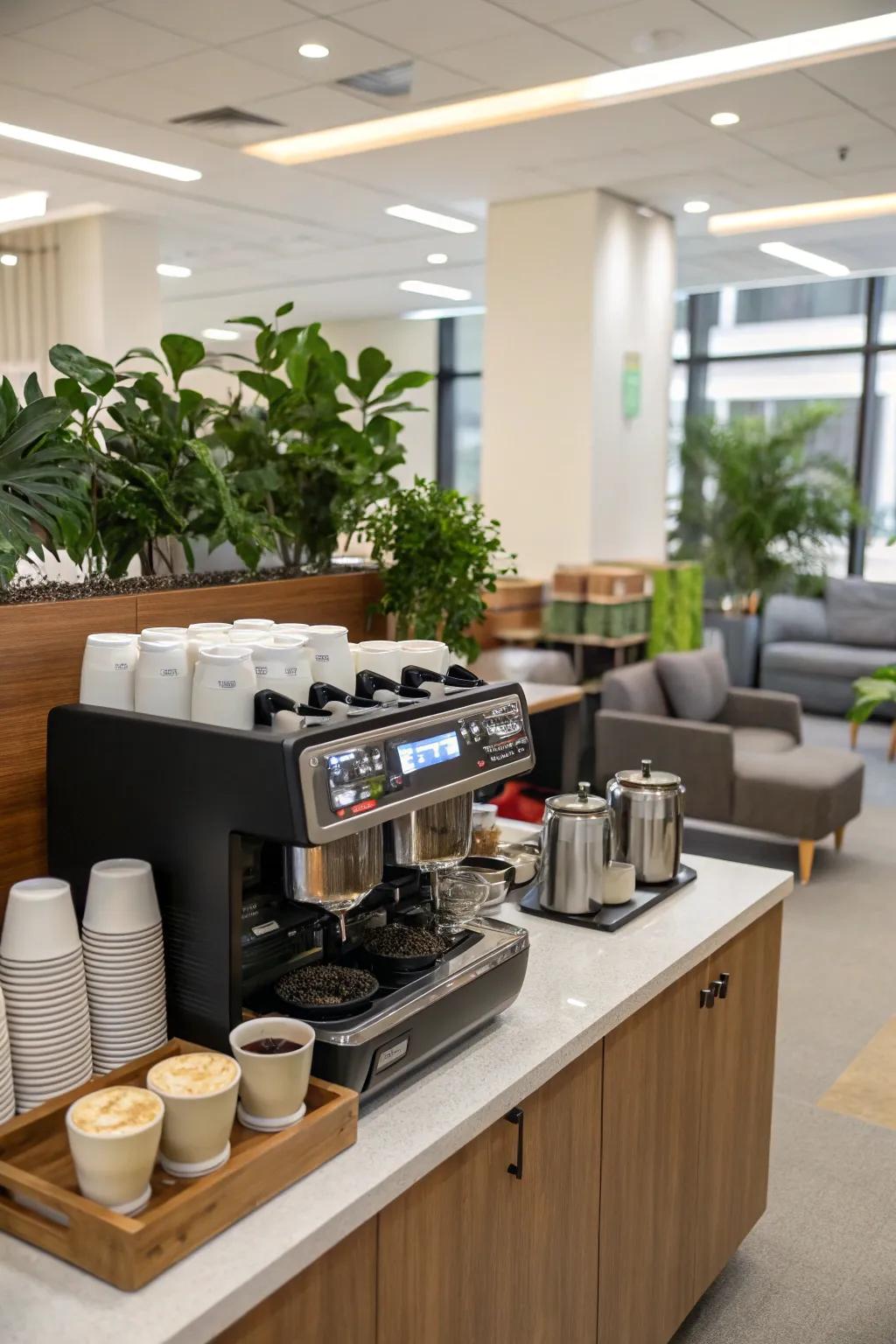 An upscale coffee station is guaranteed to lift spirits and enhance creativity.