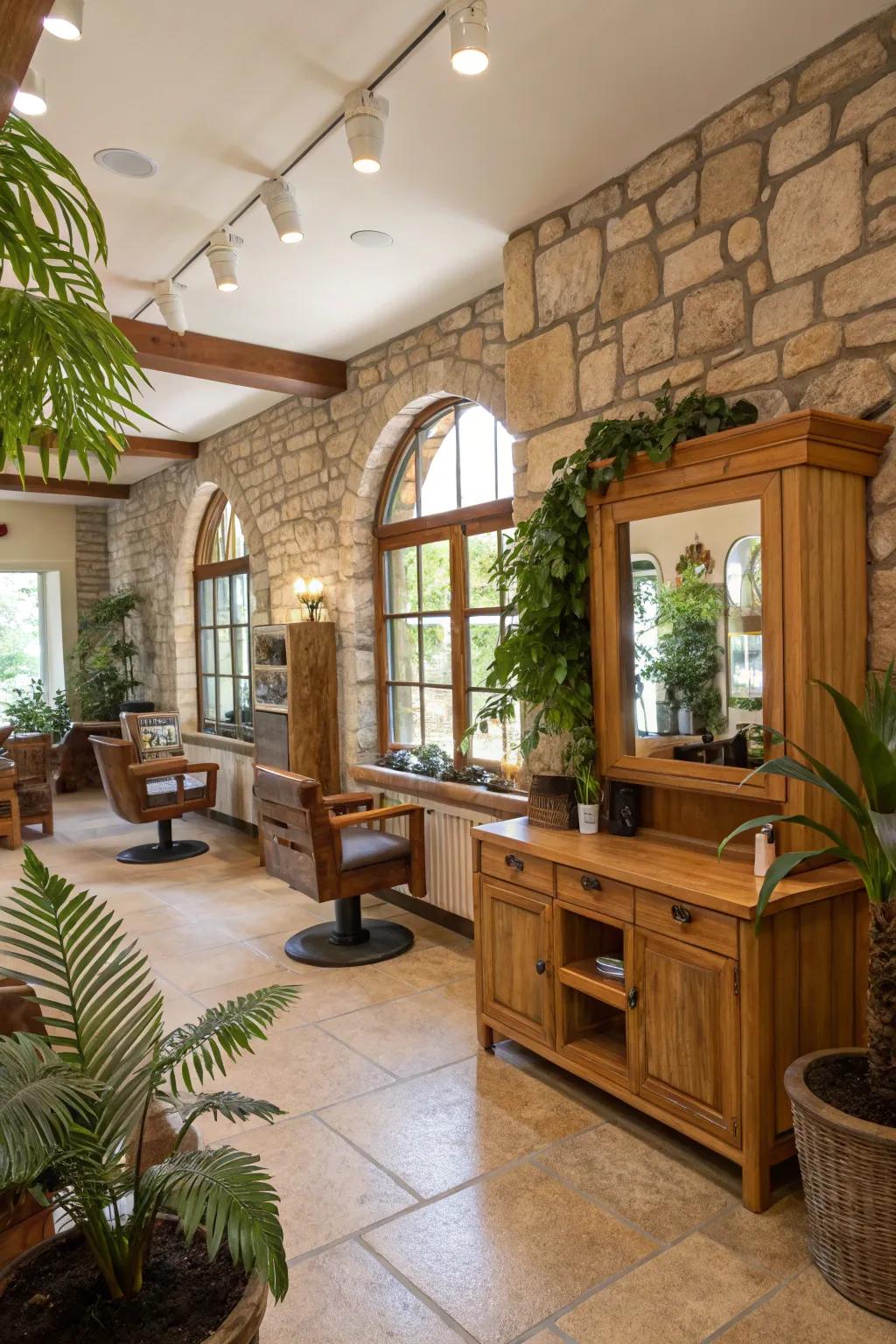 Natural aspects contributing a relaxing feel to salon decor.
