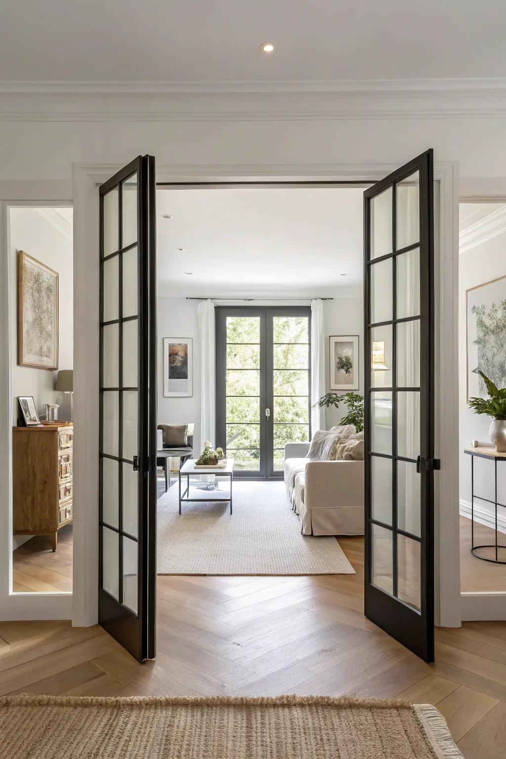 Modern swinging doors provide a contemporary touch.