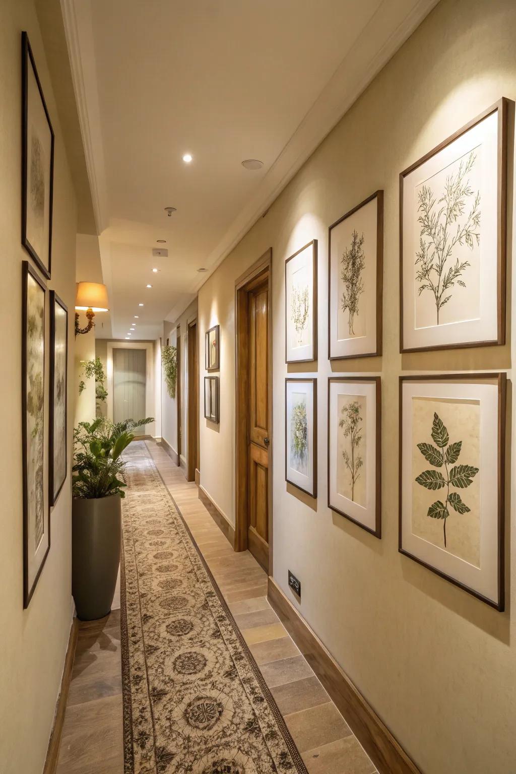 A hallway showcasing a gallery wall of understated botanical prints and neutral decor