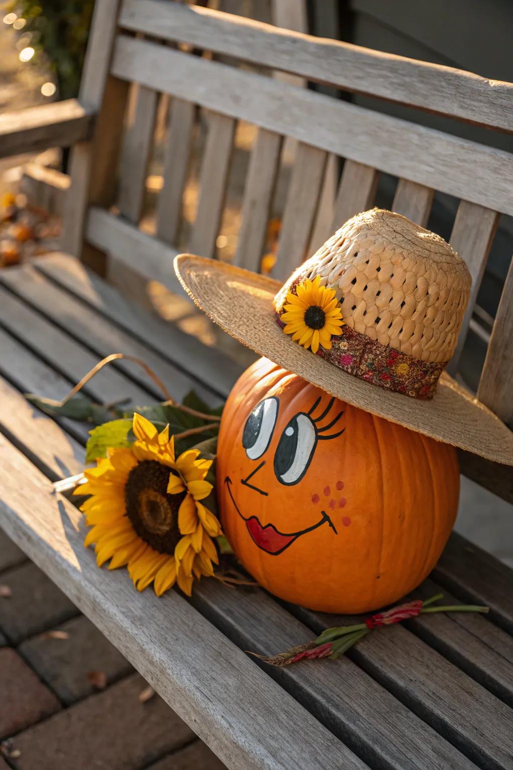 A scarecrow pumpkin ornamented with a charming rustic hat.