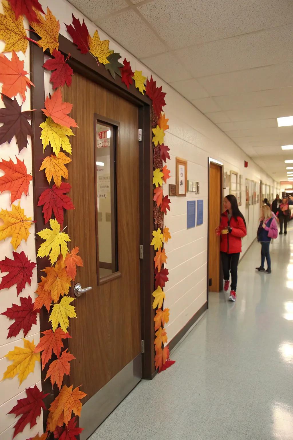 An educational entrance embellished with radiant autumn foliage to reflect the season.